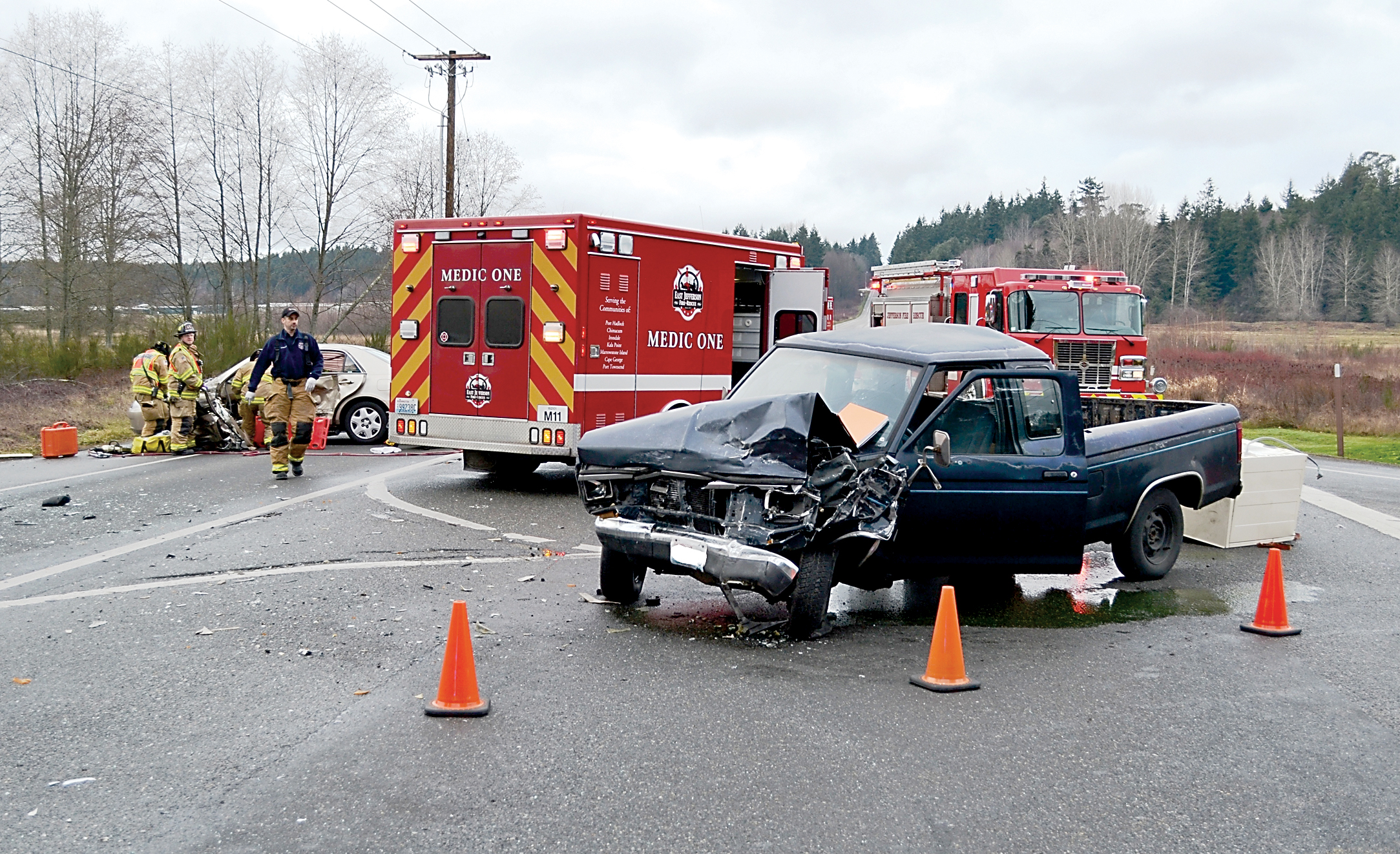 A two-vehicle traffic collision at 111 Airport Cutoff Rd. and Prospect Ave. sent one woman to Harborview Medical Center in Seattle with serious injuries Tuesday. She died at the hospital. — East Jefferson Fire Rescue