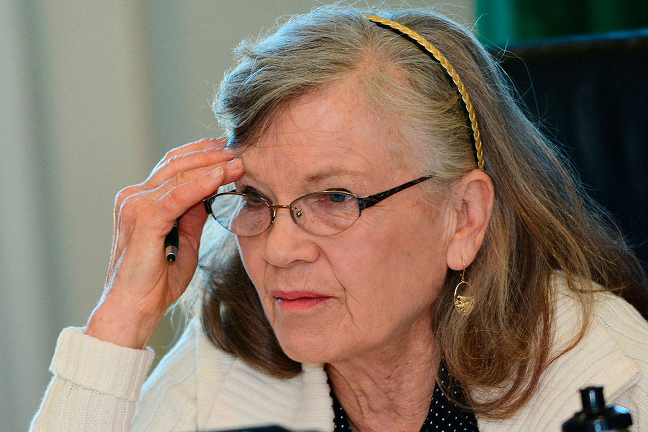 Former Port Angeles School Board Director Susan Shotthafer asks questions during a School Board meeting this year. (Jesse Major/Peninsula Daily News)