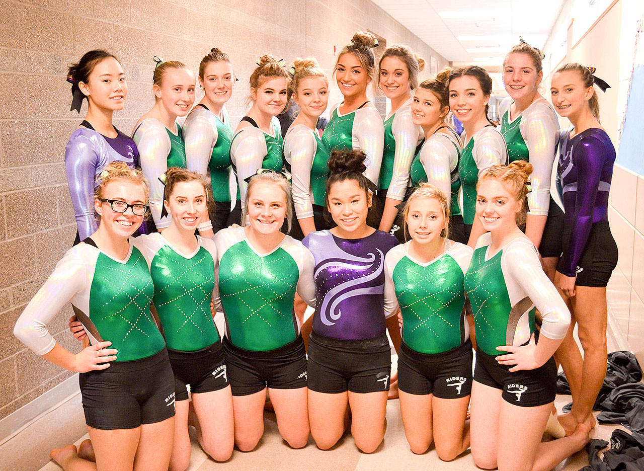 The Port Angeles and Sequim gymnastics team. From left, back row, are Elizabeth Sweet, Maizie Tucker, Cassandra Middlestead, Lily Robertson, Kenzee Richardsen, Jaden Dugger, Devon Scribner, Lizzie Jewell, Halle Coventon, Aiesha LaTourette and Emma Sharp. From left, front row, are Lisi Hanson, Cassidy Tamburro, Sydney Miner, Lesae Pfeffer, Tiffany Jangula and Harmony Scott.