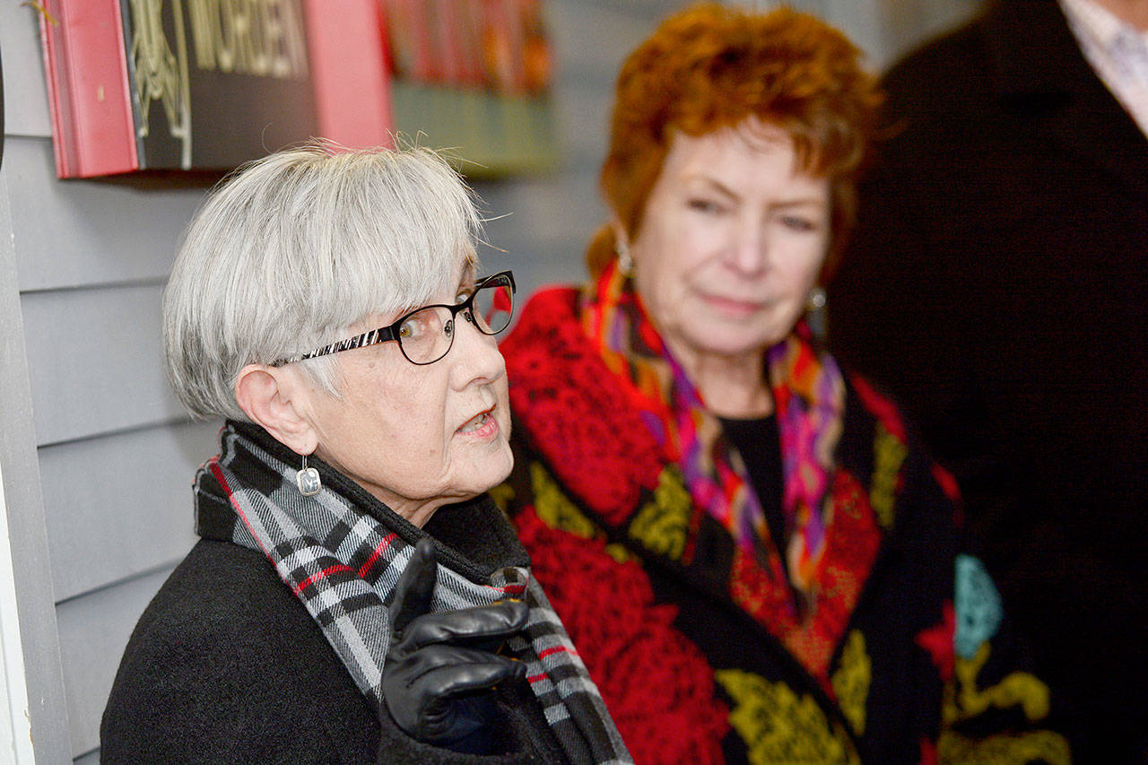 Jean Camfield tells those who attended the dedication of the Fort Worden Commons that it was appropriate to name the building for the late Nora Porter, who dedicated her life to serving Port Townsend. (Jesse Major/Peninsula Daily News)