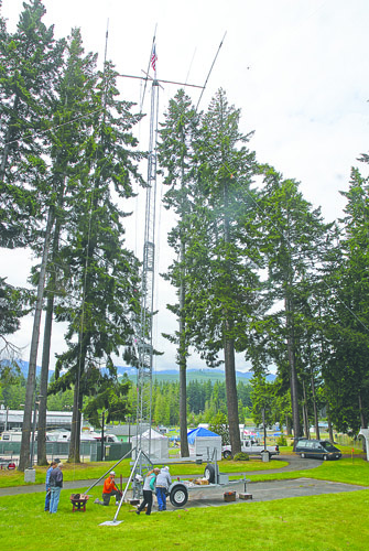 The 100-foot retractable antenna came down Sunday at the Clallam County Fairgrounds. Chris Tucker/Peninsula Daily News