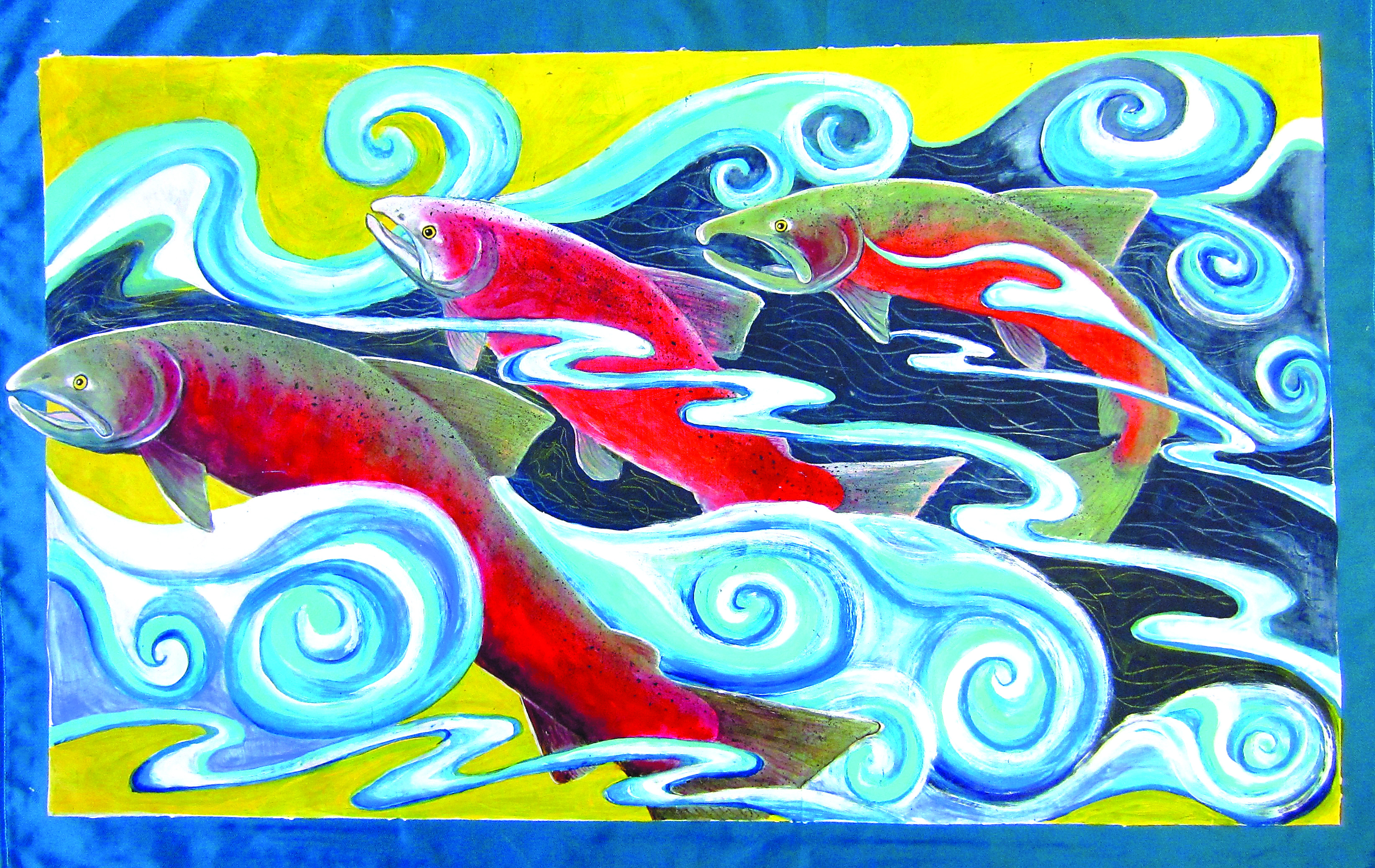 Anna Wiancko Chasman's “Freedom” is one of the banners flying over the “River Story” exhibition at the Port Angeles Library.