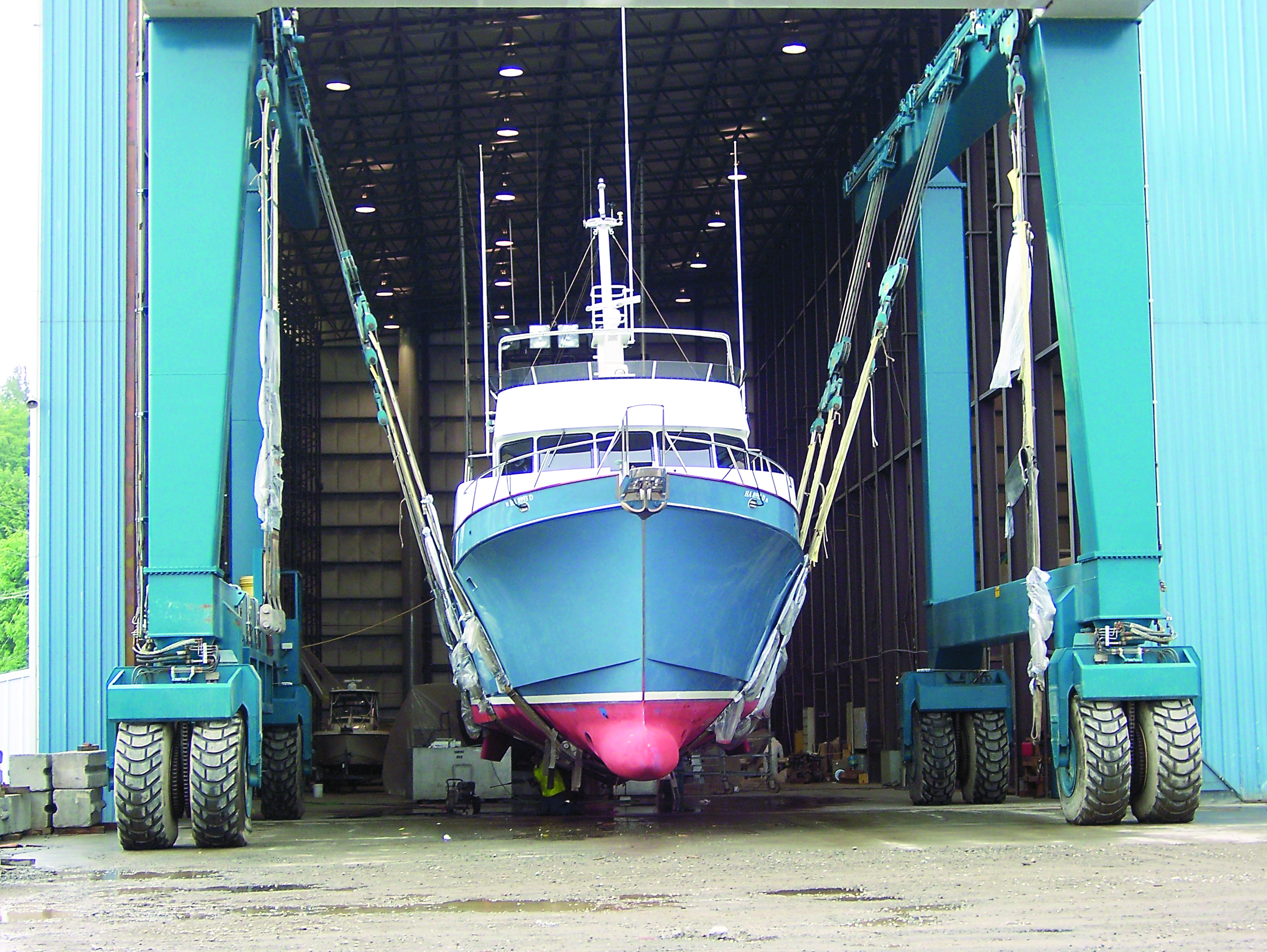 The yacht Pathfinder sits in the slings at Platypus Marine Inc. in Port Angeles.  -- Photo by David G. Sellars/for Peninsula Daily News