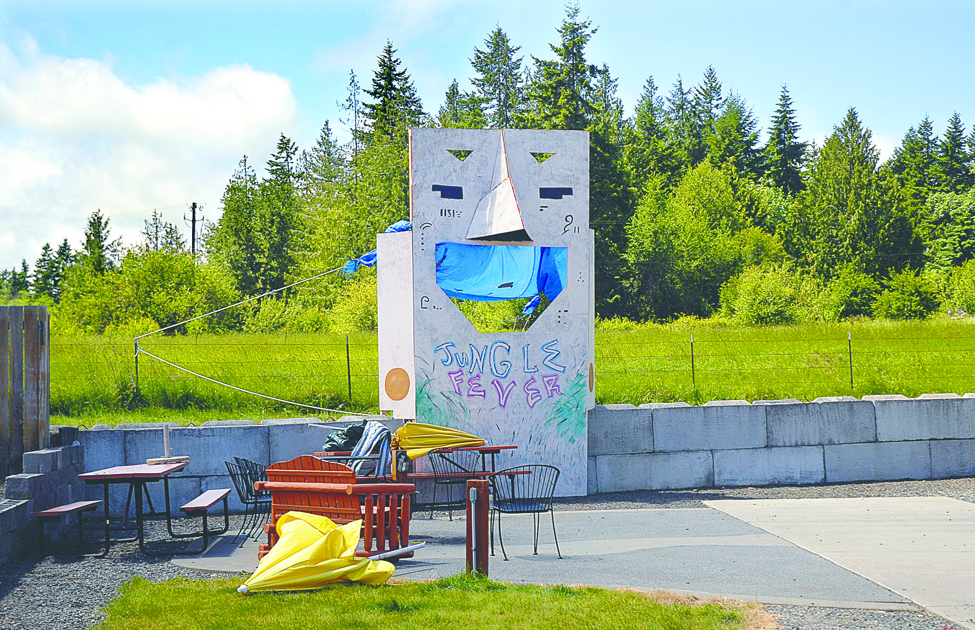 A “Jungle Fever” prop stands near one of the stage areas at the Port Angeles KOA campground on  Sunday. A second stage had an elephant theme.  -- Photo by Chris Tucker/Peninsula Daily News