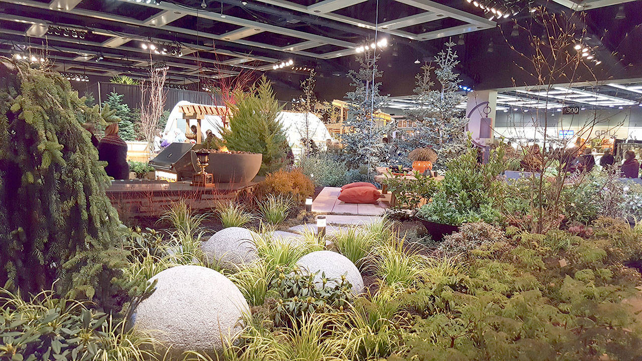 Massive show gardens were decked out last year at the Northwest Flower and Garden Show, which included a creative use of both texture and shape with the introduction of large boulders. (Sheila Miller)