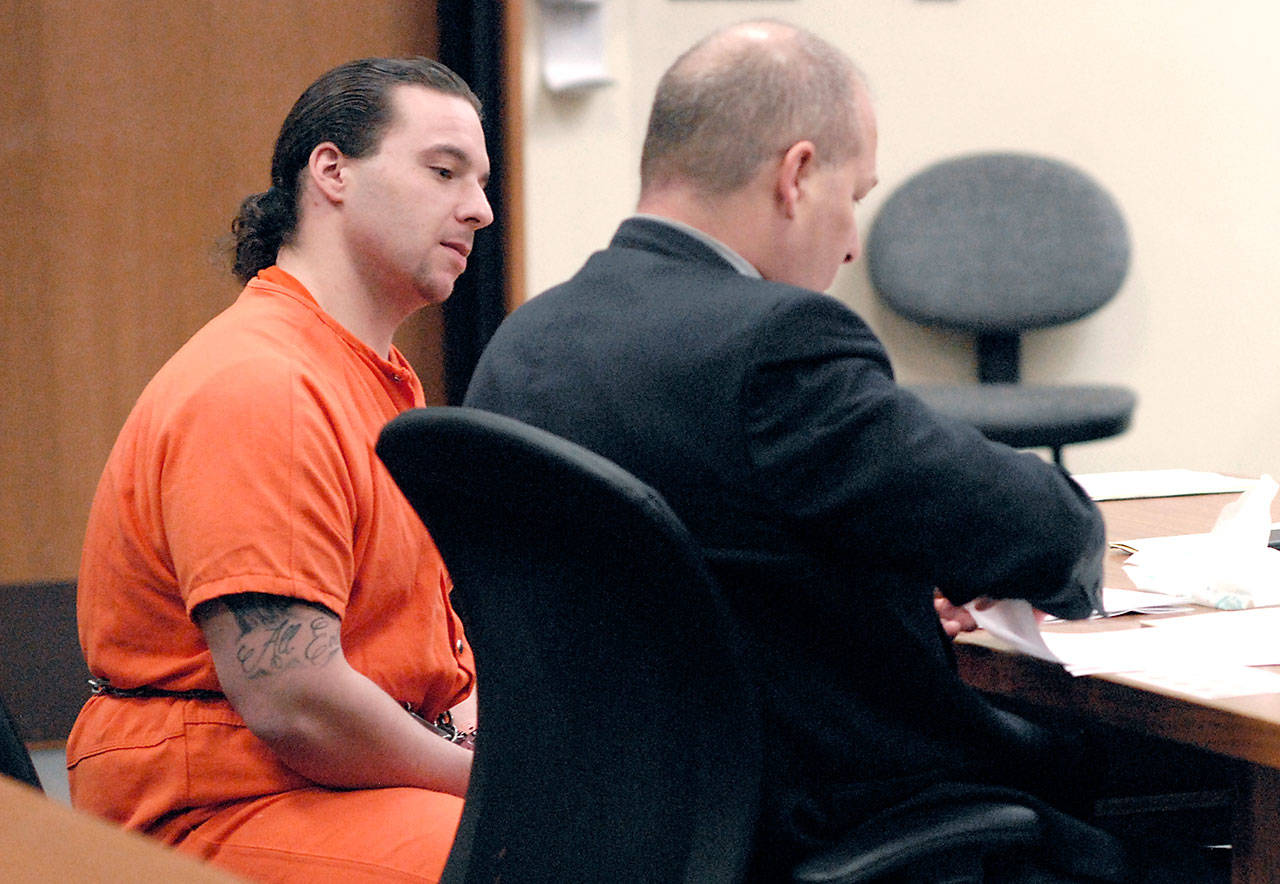 Gerald Neil Walkup sits with attorney Stan Myers during Walkup’s sentencing Wednesday after pleading guilty to drug and weapons charges in Clallam County Superior Court. (Keith Thorpe/Peninsula Daily News)
