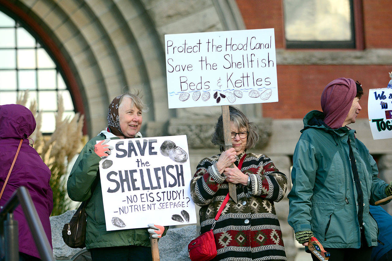 Protesters stand outside the Jefferson County Courthouse on Tuesday before county commissioners and the planning commission discussed the draft development agreement for a resort near Brinnon. (Jesse Major/Peninsula Daily News)
