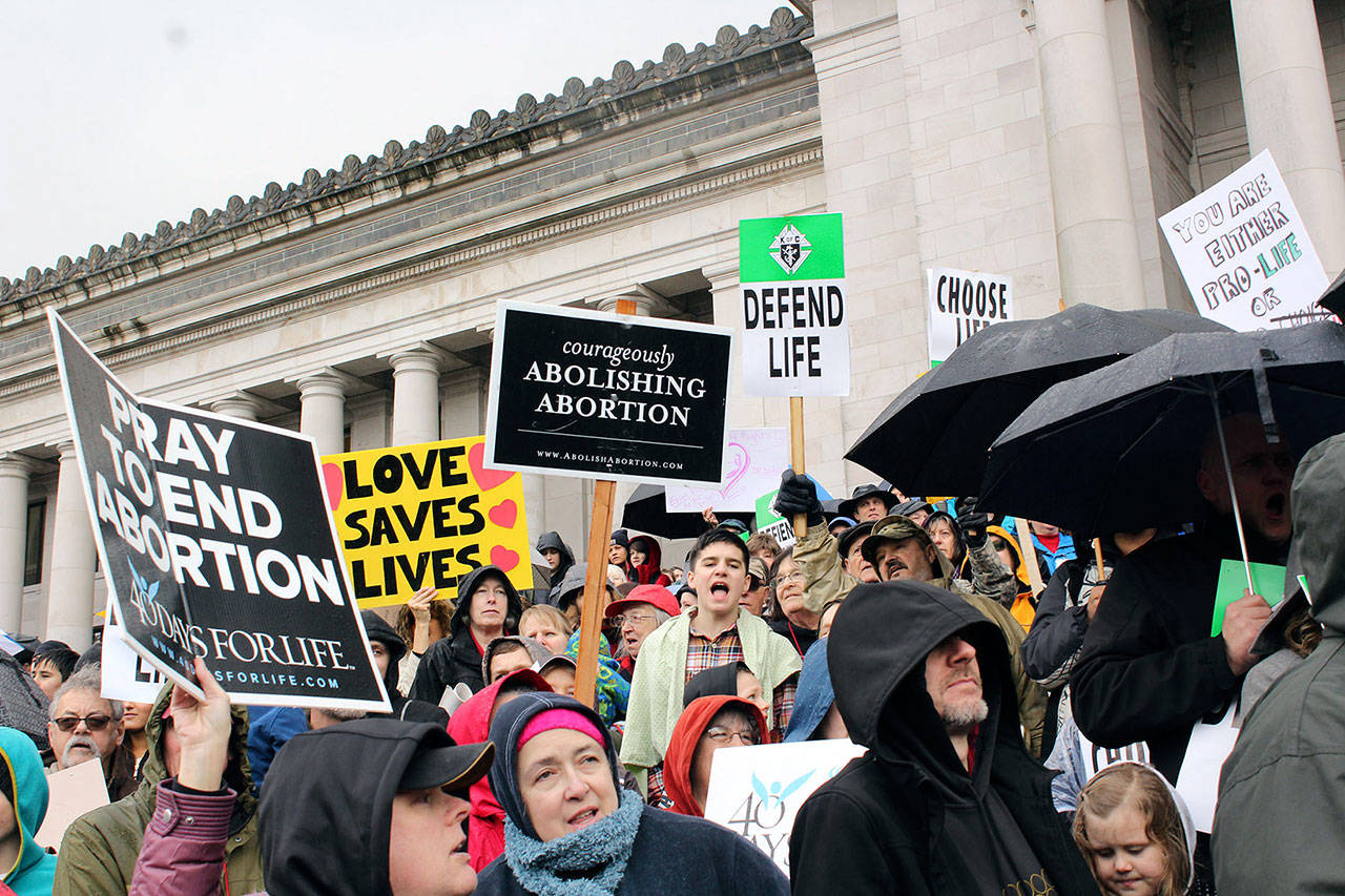 Hundreds of people turned out for the annual March for Life on Monday in Olympia. Most were opposed to bills heard that same day concerning abortion and contraceptive measures. (Taylor McAvoy/Washington Newspaper Publishers Association Foundation)