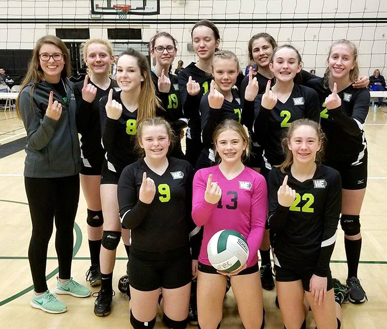 From left, top row, are Washington Elite U14 North Volleyball Head Coach Alyssa Wetzler, Kennedy Bruch, Fiona Cunningham, Destiny Smith, Ava Hairell, Kyra Neel, Emi Halberg, Peyton Rudd and Sam Robbins. From left, bottom row, are Taylor Worthington, Lily Halberg, and Zoe Smithson