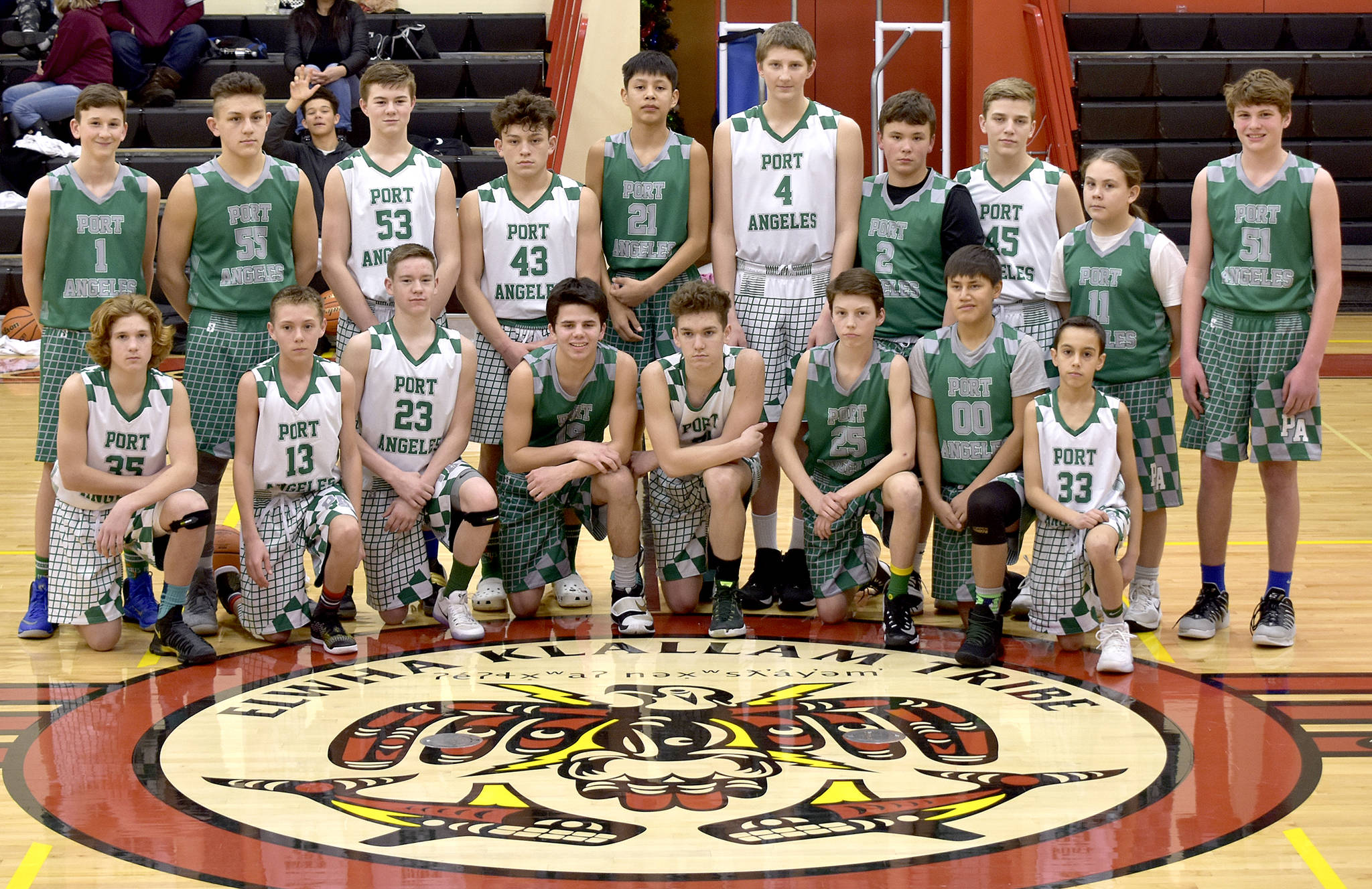 Port Angeles Parks and Recreation and the Elwha Klallam Tribe hosted the Port Angeles Presidents’ Day Classic basketball tournament last weekend in Port Angeles. The Port Angeles White 8th-graders defeated PA Green 46-43 in the championship game. John Vaara hit three free throws in the final 23 seconds for the margin of victory. Pictured are both the PA White and PA Green teams. Back row, from left, are Naaman McGuffey, Jeremiah Hall, Blake Williams, Daniel Cable, Quannah Wheeler, John Vaara, Hayden Ferrell, Beckett Jarnigan, Myles Bowechop and Wyatt Dunning. Front row, from left, are Matt Mangano, Damon Gundersen, Michael Soule, Xander Maestas, Ty Bradow, James Burkhart, Deondre Eastman and Niko Ross.