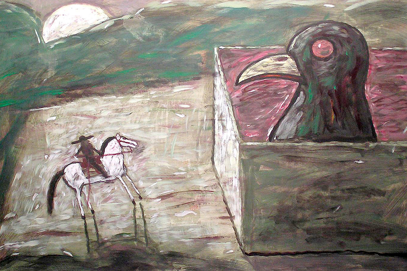 Gaylen Hansen’s “Kernal and Bird,” 2002, 30-inch-by-40-inch, features the Kernal, who bears a strong resemblance to Hansen and is found in many of his paintings. Five artists migrate from the Palouse to the Peninsula for the next exhibit at the Jefferson Museum, opening this month.