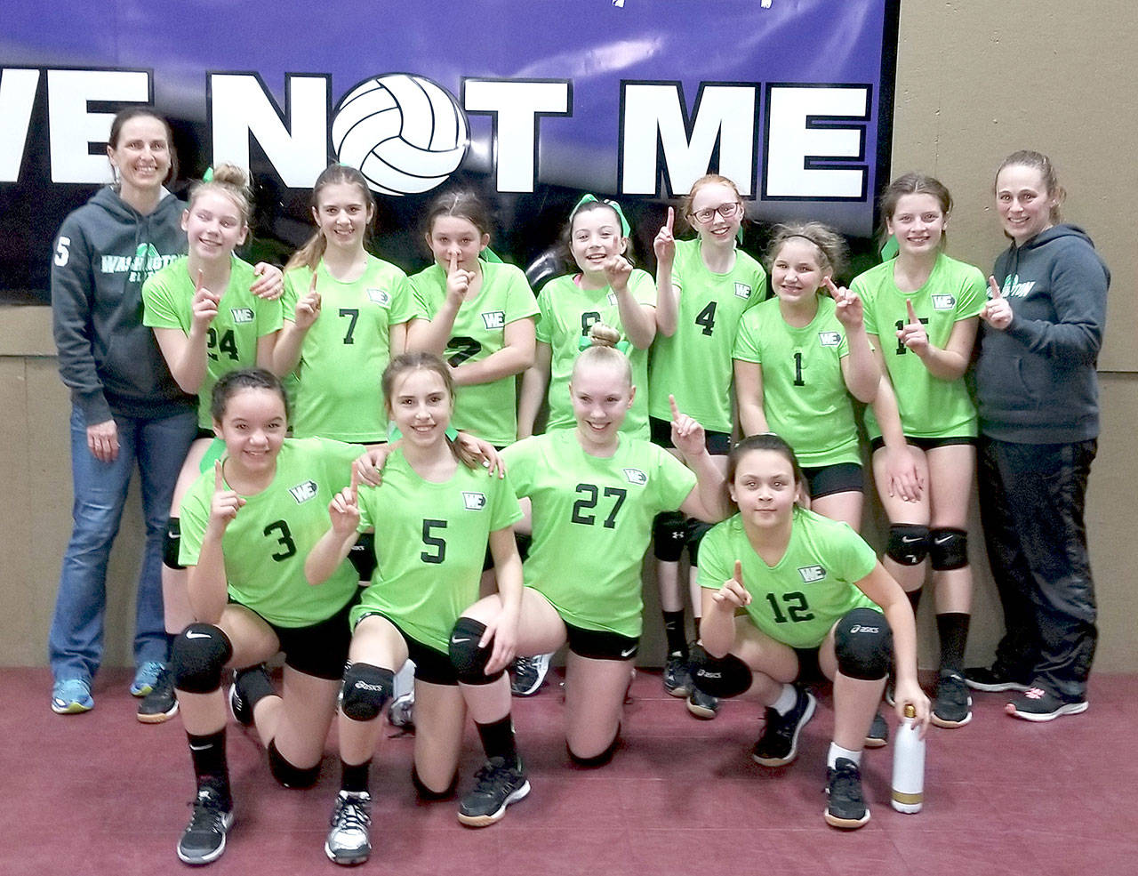 The Washington Elite U12 North volleyball team, after winning a tournament in Puyallup. From left, back row, are coach Christine Halberg, Alexandria Money, Violet Mills, Abbygail Rudd, Isabelle Pecoraro, Grace Burkhardt, Jadyn McCabe, Elizabeth Smith and coach Jessica Rudd. From left from row are Josephine Edgington, Maryrose Halberg, Adisyn Ellis-Bourm and Clare Bowechop