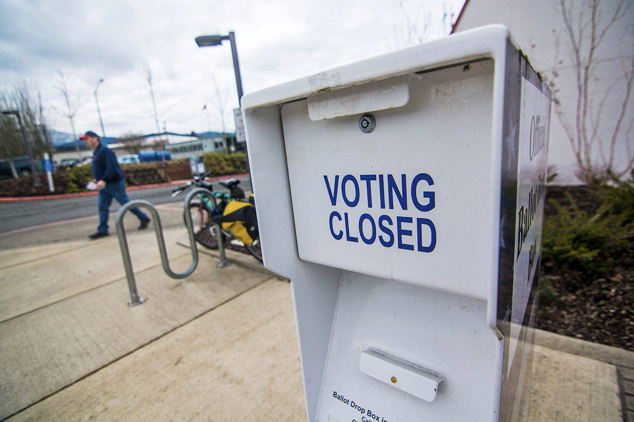 A ballot box sits outside the Clallam County Courthouse in Port Angeles. A nonprofit is asking the county to add a ballot box in Sequim to make it easier for people to vote. (Jesse Major/Peninsula Daily News)