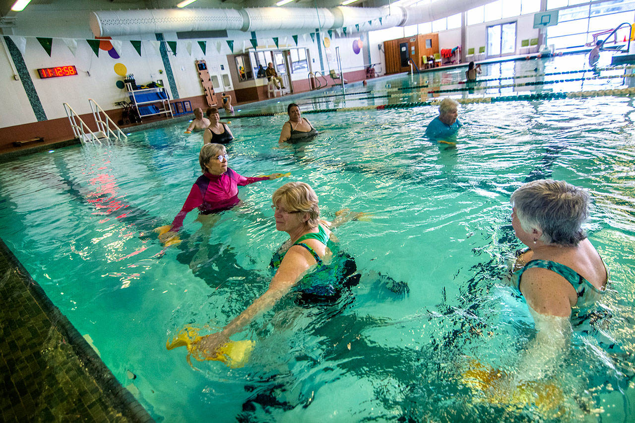 An exercise group trains at William Shore Memorial Pool. (Jesse Major/Peninsula Daily News)