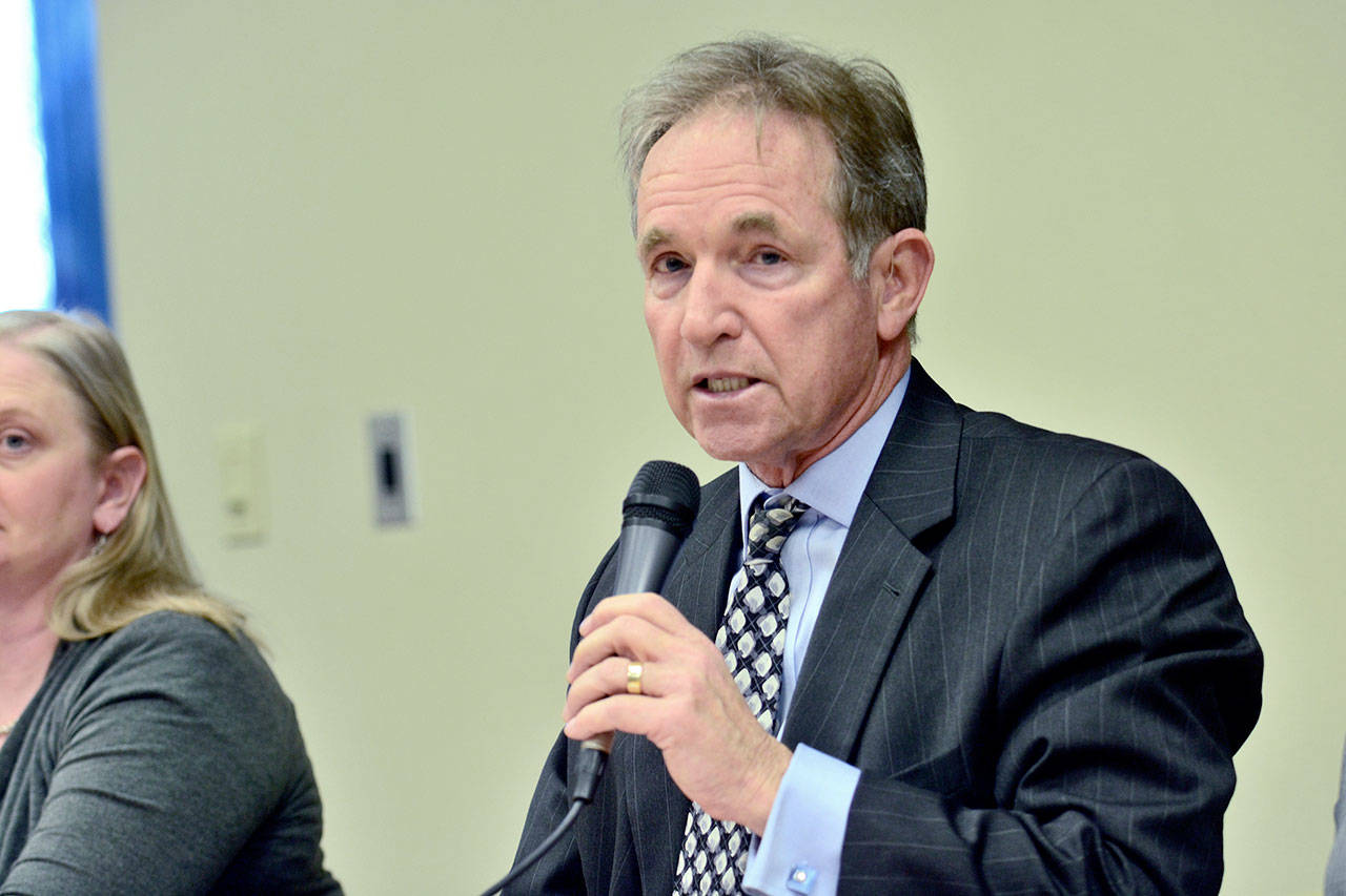 Marc Jackson, Port Angeles School District superintendent, tells those who attended a community forum Wednesday that school officials do their best to listen to students and to identify issues. (Jesse Major/Peninsula Daily News)