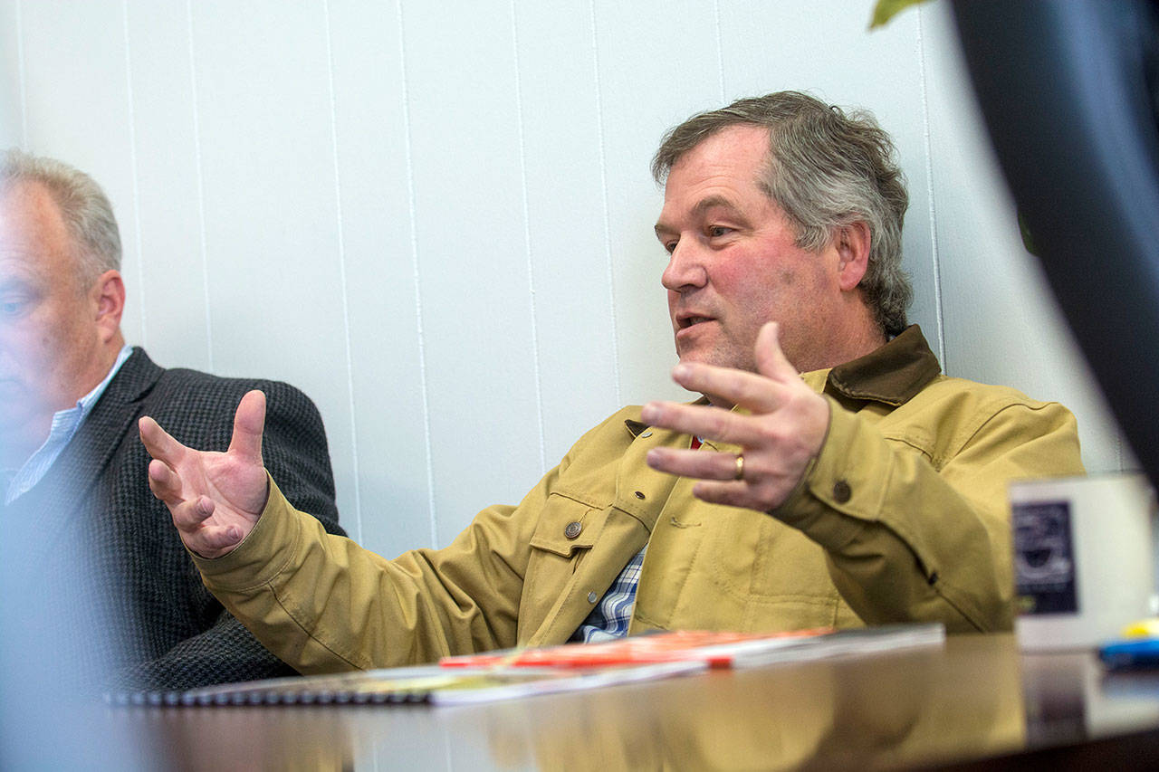 State House Minority Leader J.T. Wilcox discusses public records with the Peninsula Daily News editorial board. (Jesse Major/Peninsula Daily News)