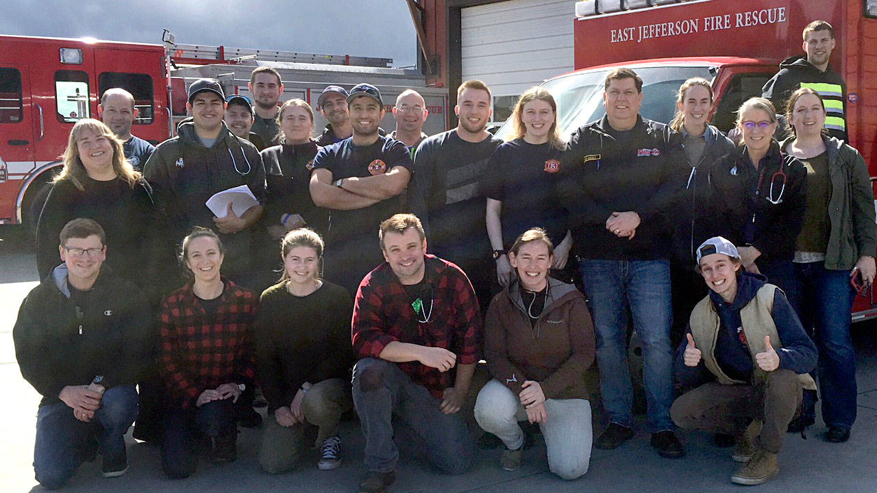 Recent EMT graduates, standing, from left, Sally Marrone, David Sutton, Lorenzo Dowling, Jacob Shepherd, Keaton Christian, Katherine Nydegger, Andrew Raney, Jeff Beck, Jeff Gearhart, Scott Kutcher, Halie Duke, Tim Manly, Rebecca Christoforo, Collene Funk, Sara Gearhart and Matt McCrehin. Kneeling, from left, Chad Holbrook, Shannon Kelley, Mckenzie Ginther, Aaron Parker, Nora Cosbey and Cutis Beery.