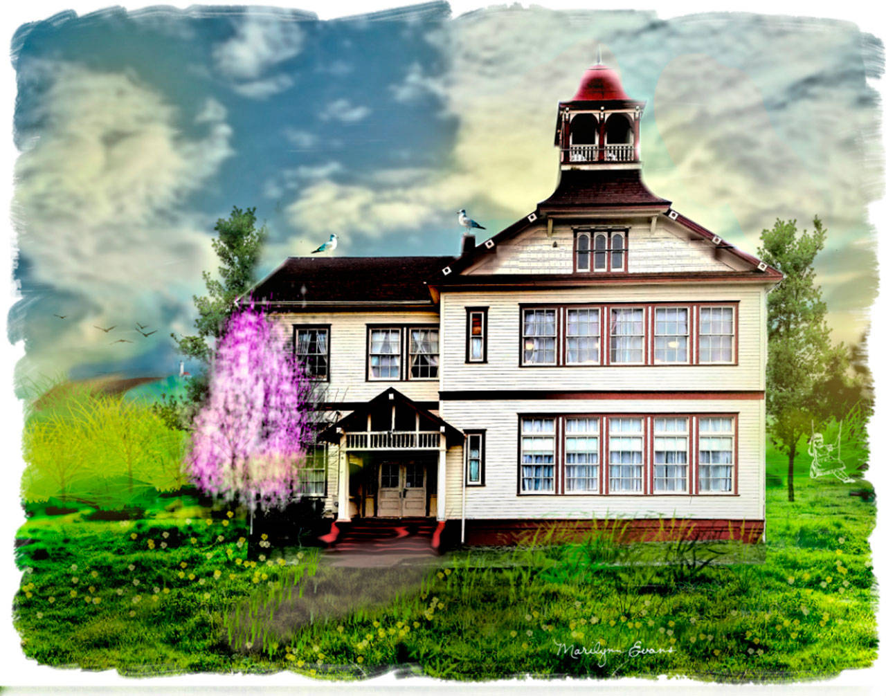 ”Dungeness Schoolhouse” by Marilynn Evans, a featured artist at the Blue Whole Gallery in May.