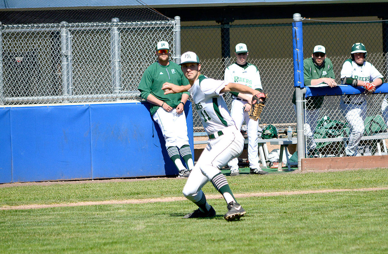 Port Angeles’ Colton McGuffey fields a bunt against North Kitsap on Saturday. Port Angeles lost the West Central District 3 tournament game 9-2, but they had already qualified for the state 2A tournament. (Mark Krulish/Kitsap News Group)