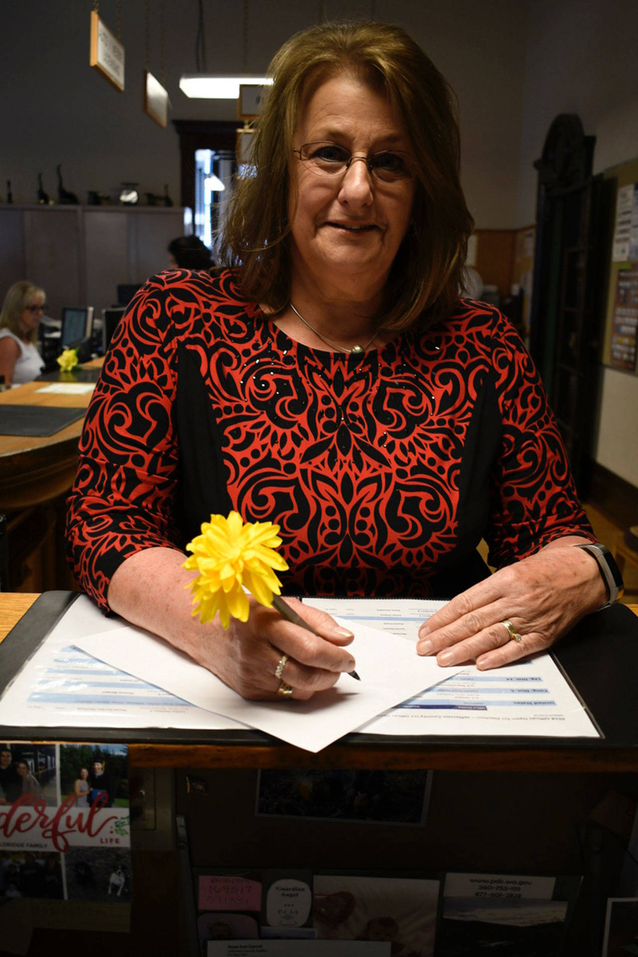 At 10:20 a.m. Monday, incumbent Jefferson County Auditor Rose Ann Carroll filed her paperwork to run for re-election. (Jeannie McMacken/Peninsula Daily News)