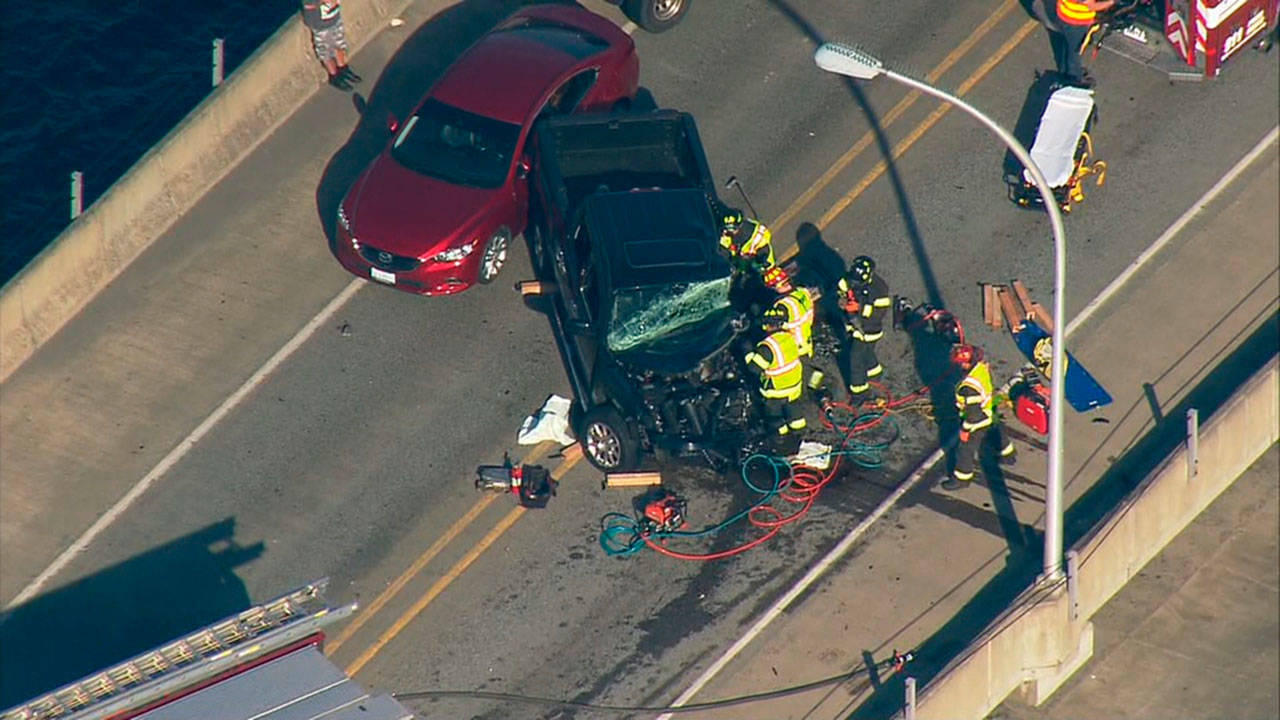 A crash involving multiple vehicles shut down both directions of the Hood Canal Bridge late Thursday. (KOMO News)