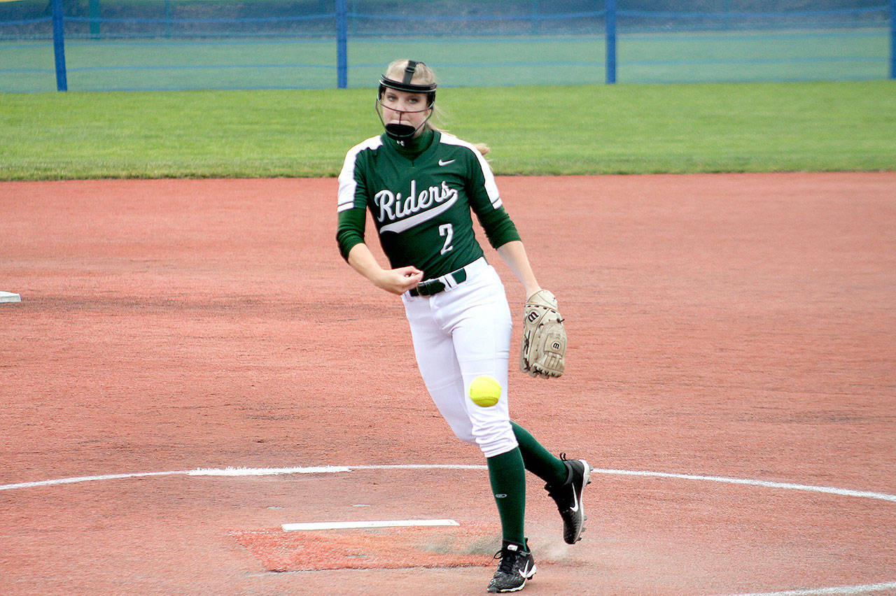 Port Angeles’ Callie Hall pitched a shutout against Steilacoom in the Roughriders’ opening game of the West Central District 3 Tournament in Lacey. Hall gave up just four hits and not walks in an 11-0 Riders win. (Mark Krulish/Kitsap News Group)