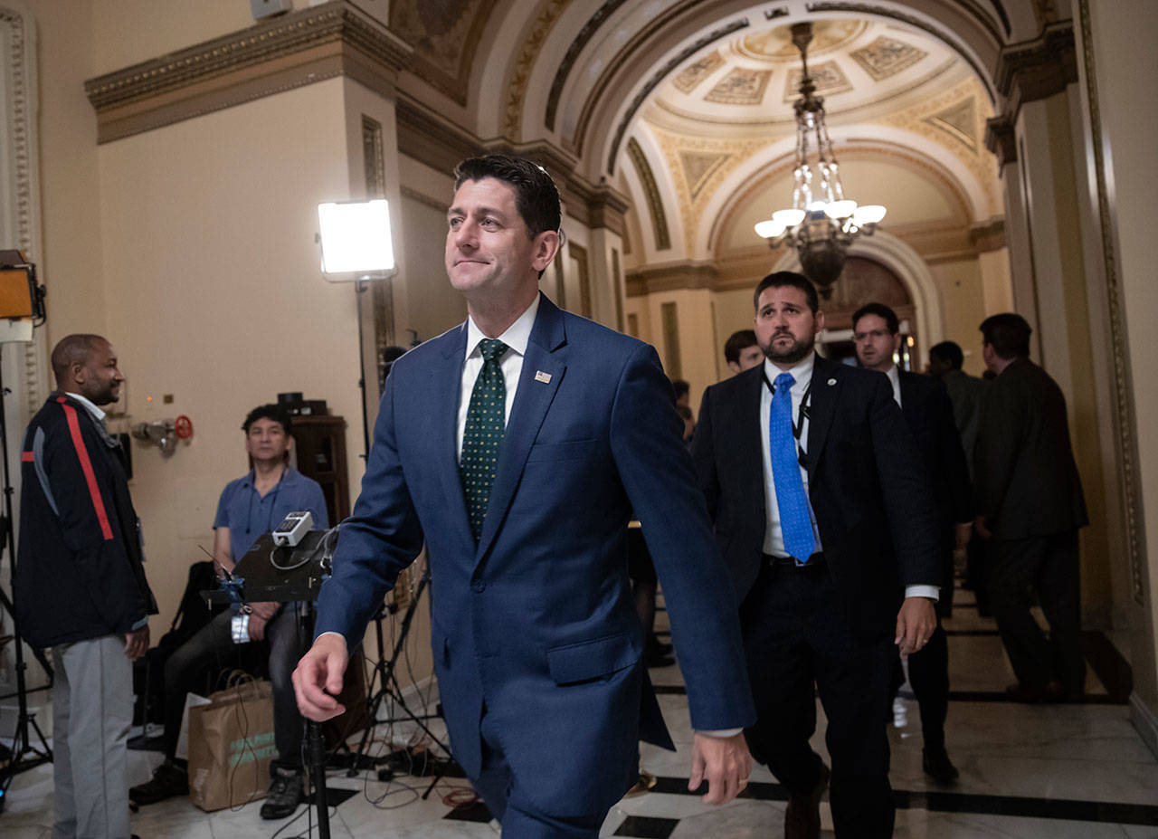 Speaker of the House Paul Ryan, R-Wis., emerges from the chamber just after key conservatives in the rebellious House Freedom Caucus helped to kill passage of the farm bill which had been a priority for GOP leaders, at the Capitol in Washington, D.C., on Friday. (J. Scott Applewhite/The Associated Press)