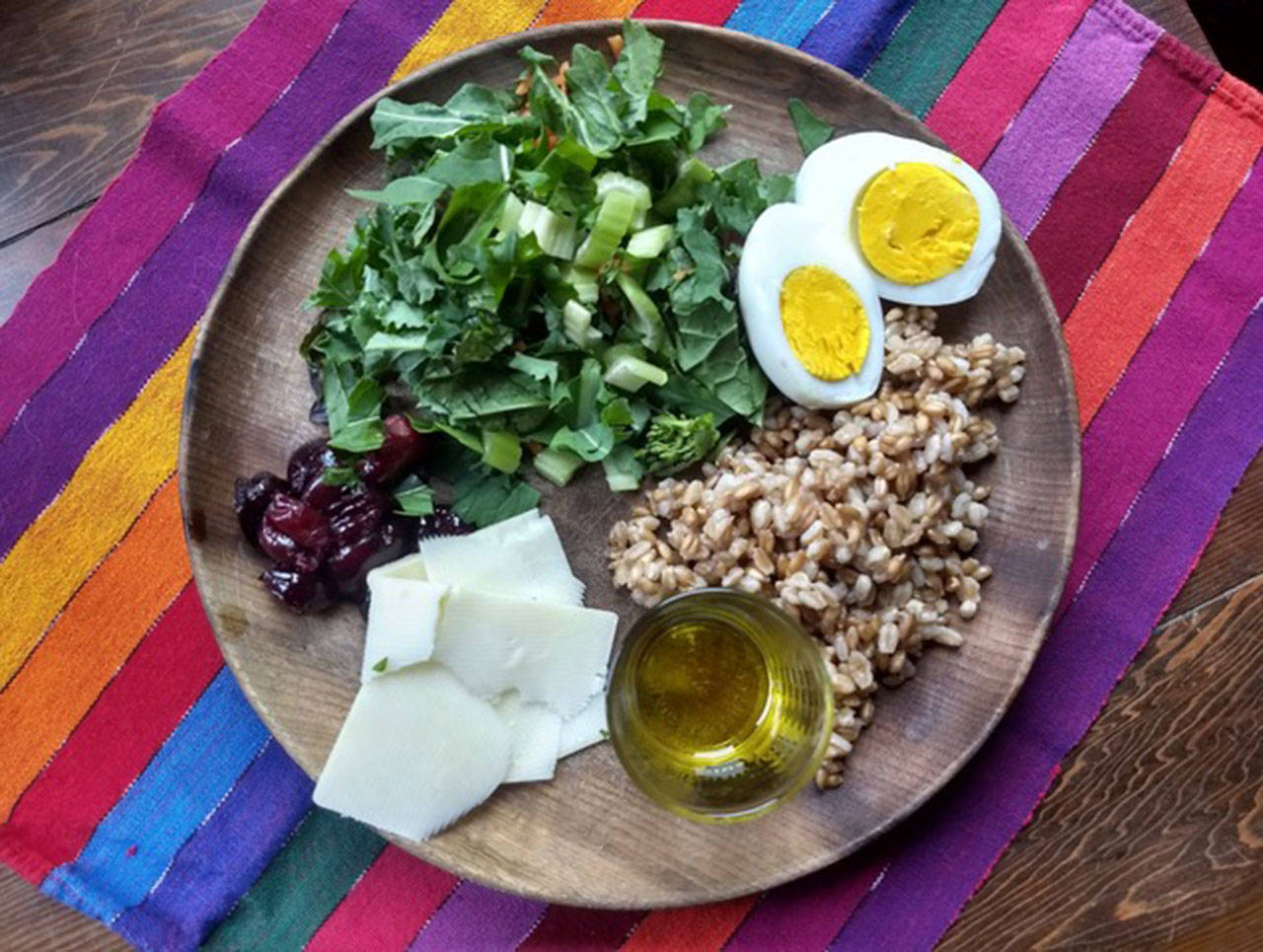 A proportional meal following the federal government’s guidelines for a Choose My Plate meal sits ready to be eaten. (Betsy Wharton/for Peninsula Daily News)