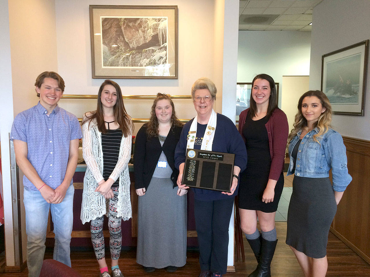 Hollund Bailey, Madelynne Jones, Mariah Givens, Soroptimist President-elect Jeri Bawden, Aeverie Politika and Hollee Schnabel. (Wendy Shea/Soroptimist International of Port Angeles Noon Club)