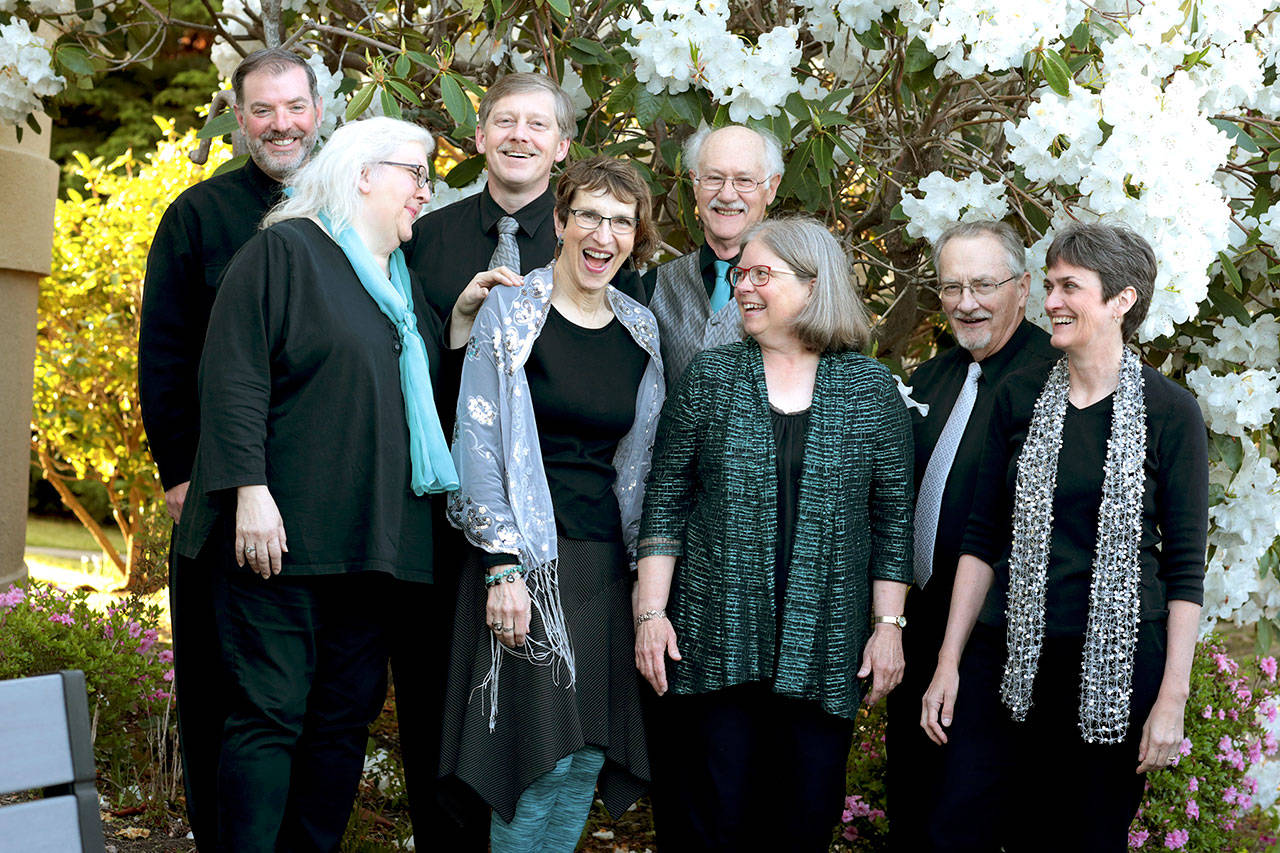 Barney Burke Wild Rose Chorale singers, from left, are Steve Duniho, Marj Iuro, Chuck Helman, JES Schumacher, Doug Rodgers, Lynn Nowak, Al Thompson and Leslie Lewis are ready for fun at their “Seize the Day” concerts this weekend.