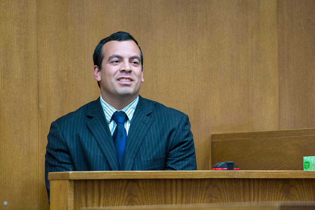 Nathan Chavez, 32, takes the stand in Clallam County Superior Court on Tuesday. Chavez is charged with five counts of third-degree rape of a child, one count of third-degree child molestation and one count of tampering with a witness. (Jesse Major/Peninsula Daily News)