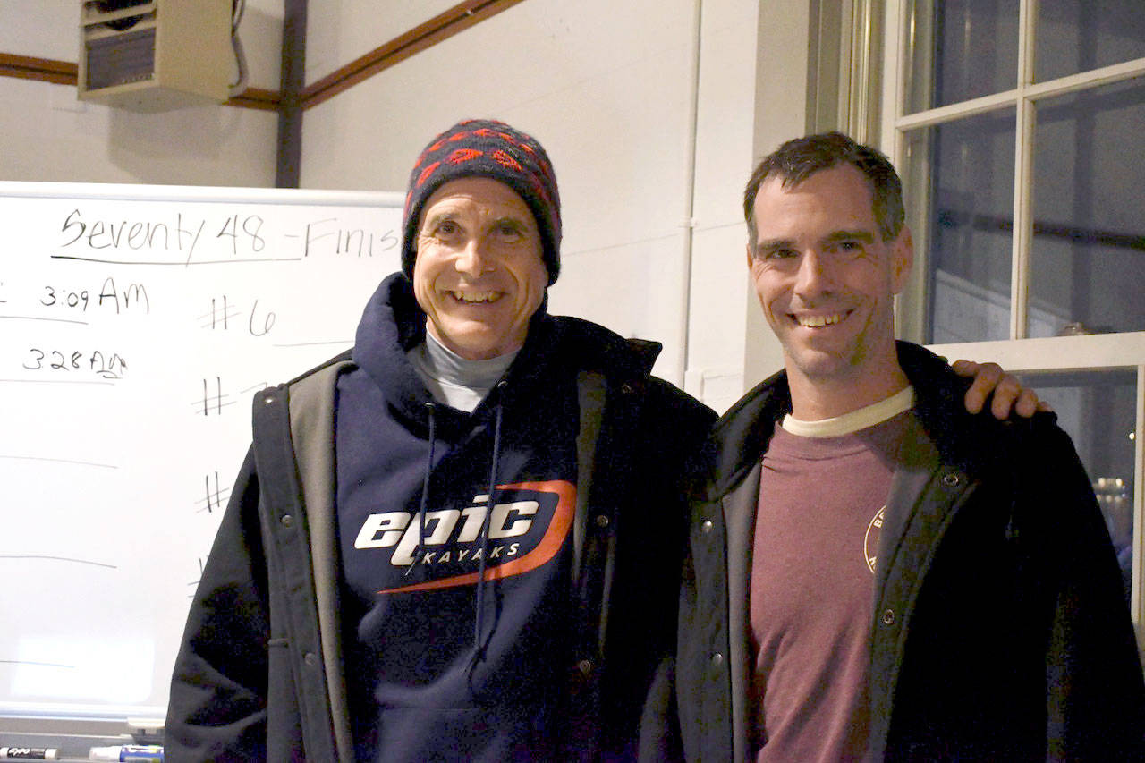 Greg Barton and Kevin Olney paddled their kayak, Epic, into history Tuesday morning by winning the inaugural Seventy48 human-powered boat race. A field of 121 participants left Tacoma at 5:30 p.m. on Monday. Team Epic reached City Dock in Port Townsend at 3:09 a.m. Tuesday. The only prize awarded goes to the duo, a purse of $11,700. (Jeannie McMacken/Peninsula Daily News)