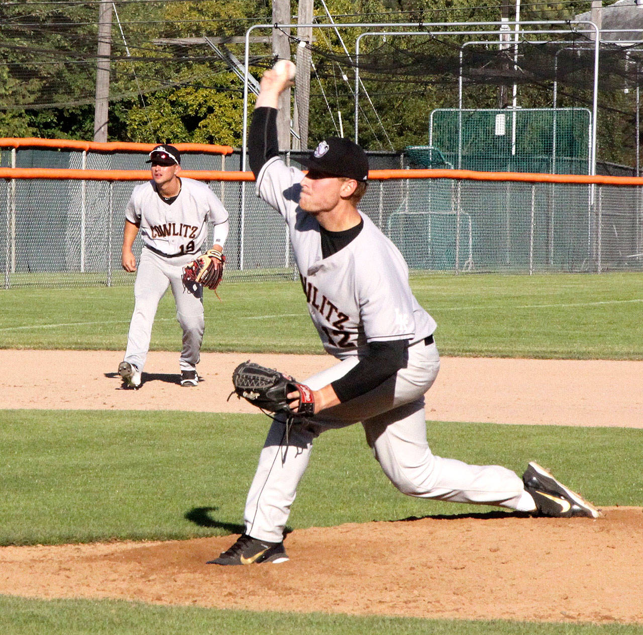 Cowlitz’ Travis Paynter delivers a pitch against the Port Angeles Lefties on Monday. Paynter is a 2016 graduate of Port Angeles High School and played this past season for Lower Columbia College. He is playing next year at Hawaii Pacific. Paynter won the game, giving up just one run in five innings.