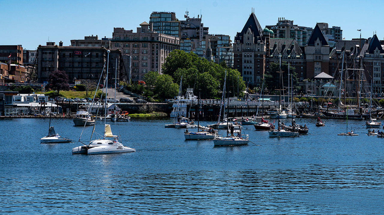 Port Townsend’s Russell Brown, in his Gougeon 32 catamaran, leads the fleet at the start of the Race to Alaska’s second leg Sunday in Victoria. At the stroke of noon, a bell was sounded and the sailors raced to their boats to row out of Victoria’s Inner Harbour to the breakwater where they could hoist sails to continue the 710 miles to Ketchikan, Alaska The race started in Port Townsend on Thursday at 5 a.m. Brown was also the quickest across the Strait of Juan de Fuca to Victoria. (Steve Mullensky/for Peninsula Daily News)