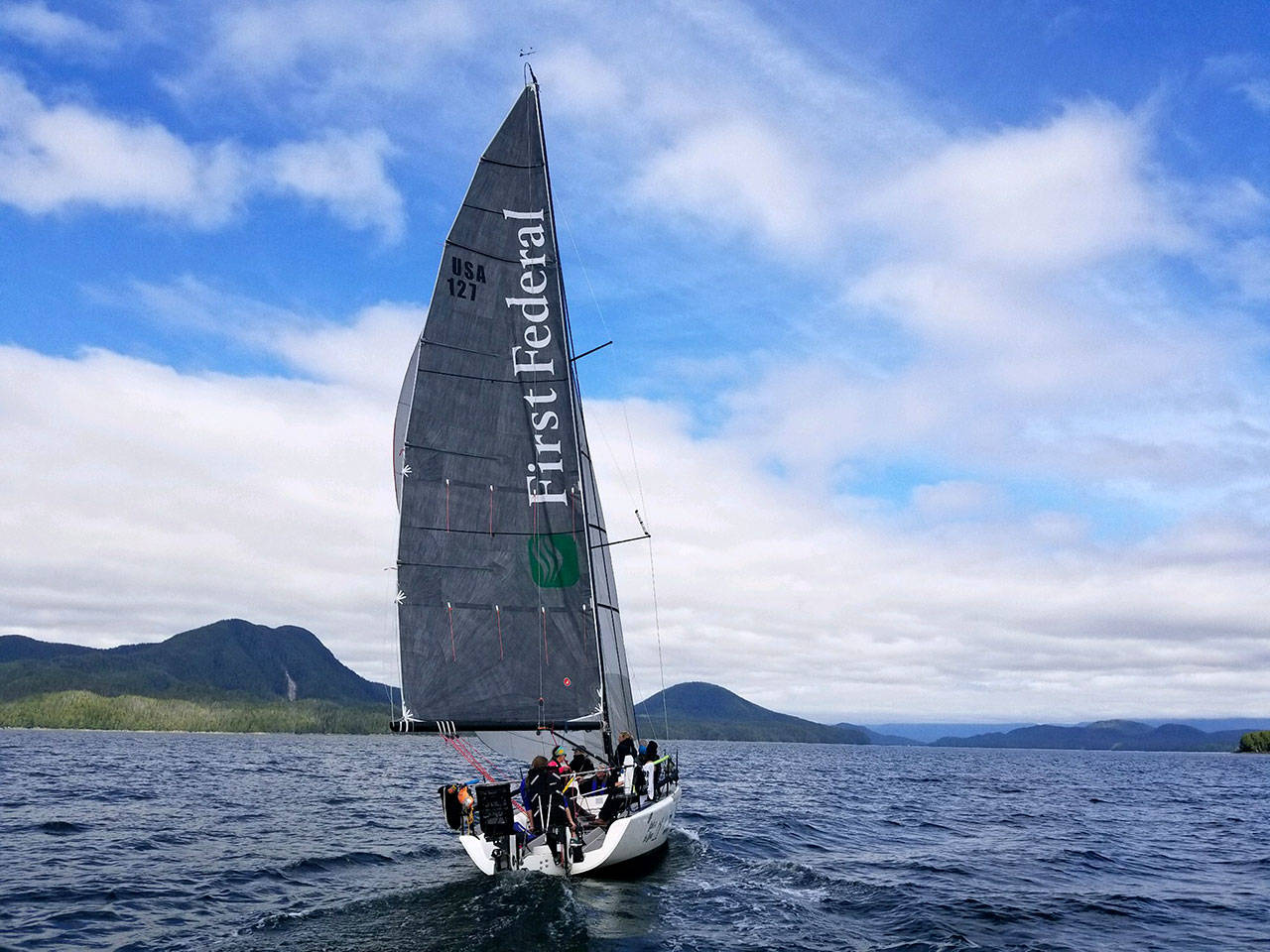Team First Federal’s Sail Like A Girl sails into the checkpoint in Bella Bella, B.C., on Thursday. The all-woman team is in the lead, being chased by Team Lagopus. (Molly McGinn)