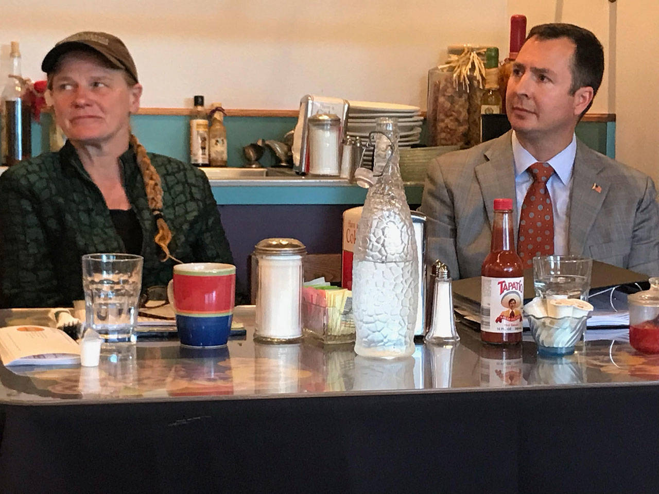 Selinda Barkhuis, left, and Mark Nichols, candidates for Clallam County prosecuting attorney, made their cases Tuesday at a business group’s election forum. (Paul Gottlieb/Peninsula Daily News)