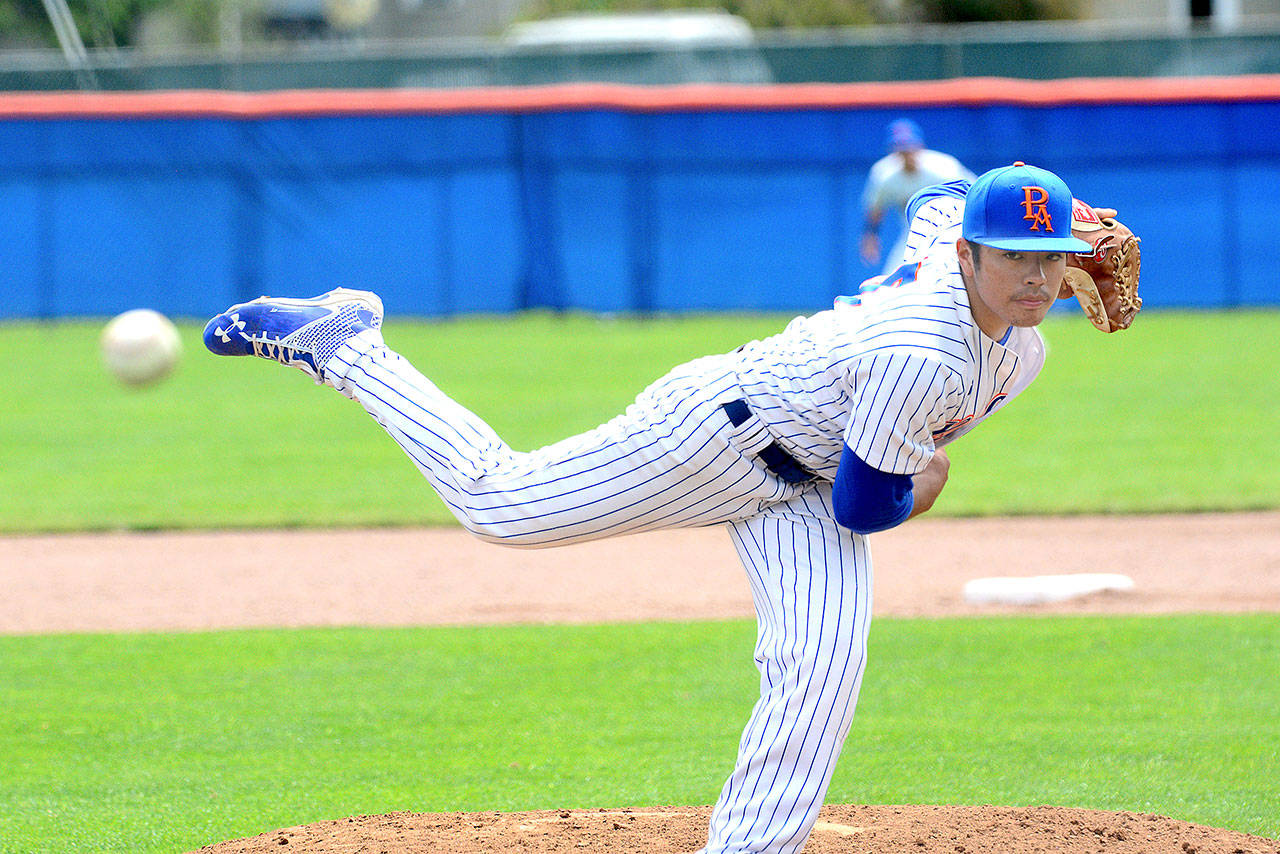 Port Angeles Lefties pitcher Tyler Tan pitches against the Yakima Valley Pippins during the last game of the three-game series on Sunday. (Jesse Major/Peninsula Daily News)