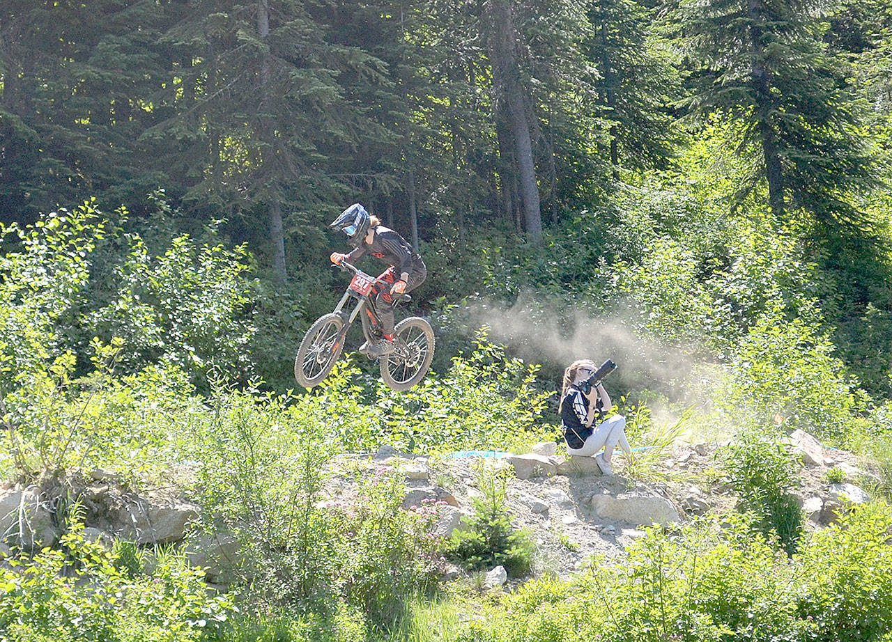 Mathew Mangano of Port Angeles rides to a first-place finish at the Northwest Cup races at Stevens Pass this weekend.