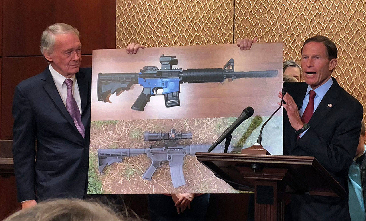 Sen. Edward Markey, D-Mass., left, and Sen. Richard Blumenthal, D-Ct., display a photo of a plastic gun Tuesday on Capitol Hill in Washington, D.C. (Matthew Daly/The Associated Press)