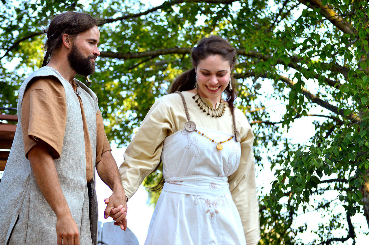 Prince Hamlet (Dillon Porter) and Ophelia (Rosaletta Curry) start the evening together in Port Townsend. Things soon grow complicated in Key City Public Theatre’s Shakespeare in the Park production. (Diane Urbani de la Paz/for Peninsula Daily News)