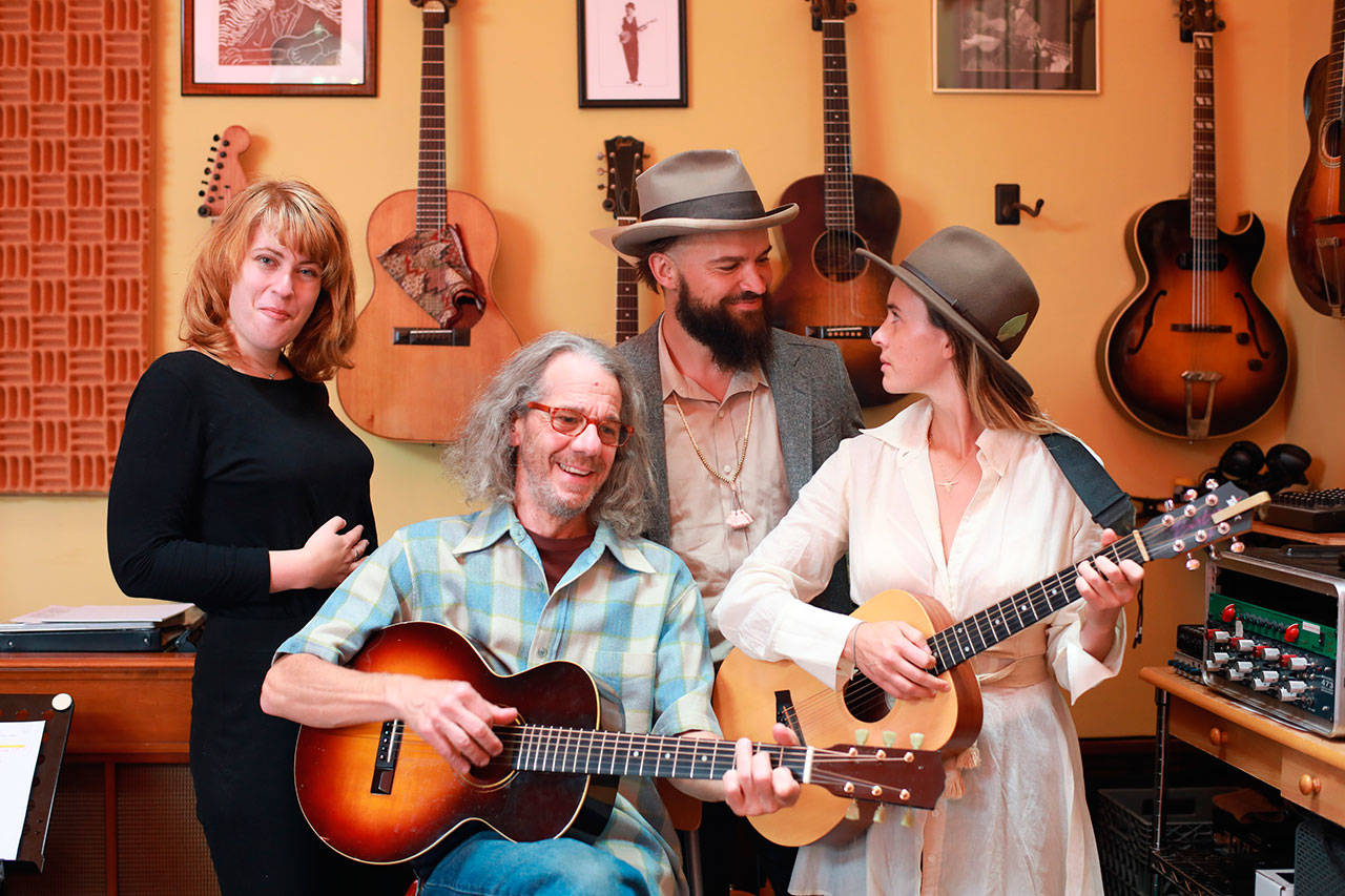 The cast of “Dillon on Dylan” practices at the Toolshed SoundLab studio in Port Townsend. The performers — Rose Burt, left, George Rezendes, Dillon Porter and Hanna Lose-Frahn — will take the stage Wednesday and Thursday at the Key City Playhouse in Port Townsend. (Key City Public Theatre)