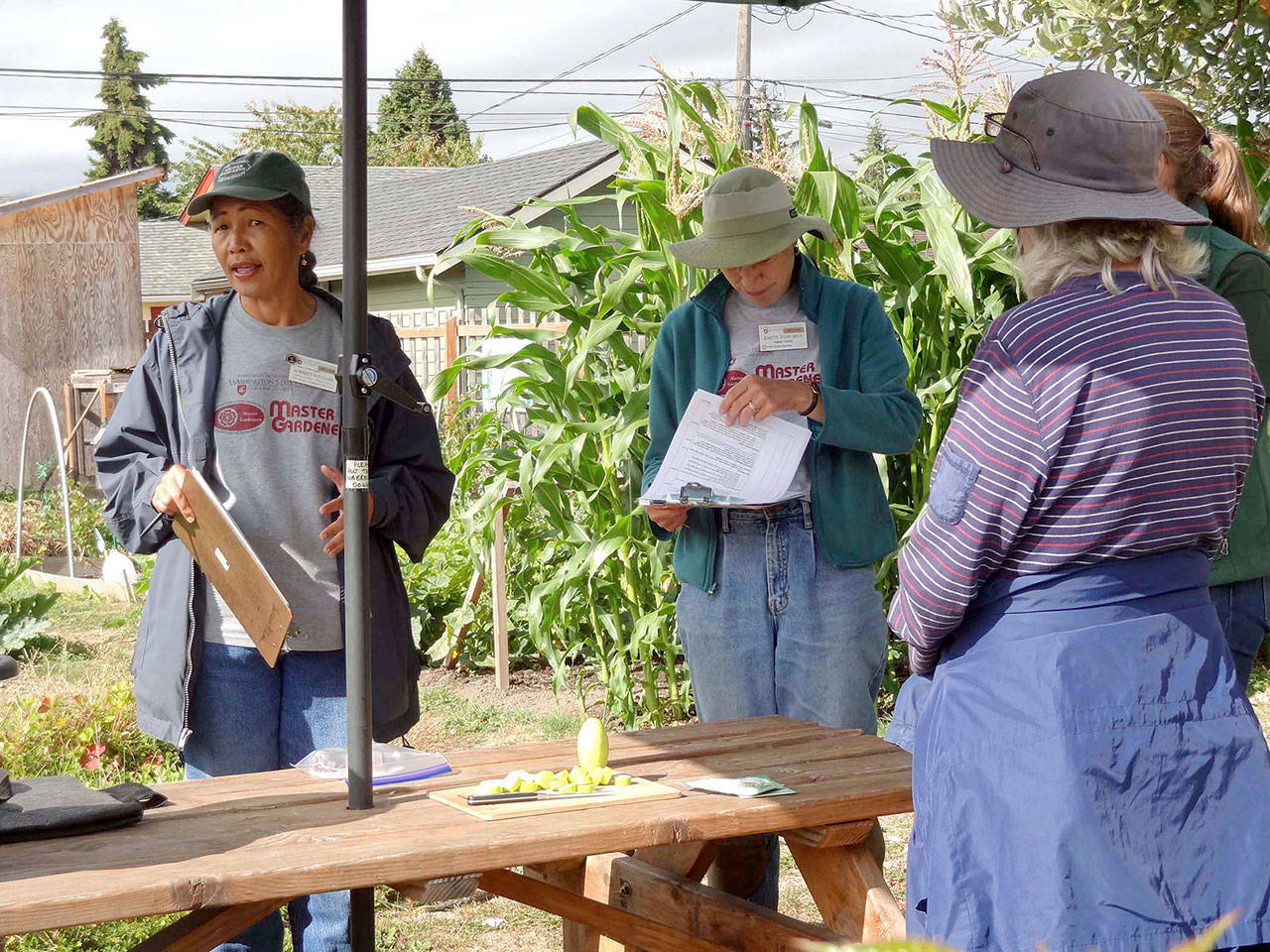 Master Gardeners Audreen Williams, left, and Jeanette Stehr-Green share tips on water conservation, including mulching, watering slowly and deeply, eliminating weeds competing for moisture, and adding a shallow berm around individual plants.