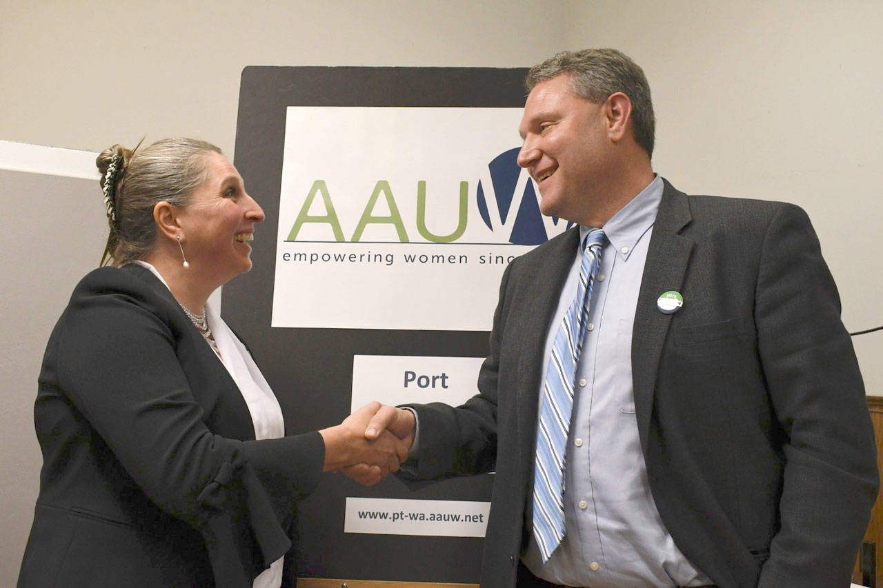 Jefferson County District Court Judge candidates Mindy Walker, left, and Noah Harrison met Thursday evening at a candidates forum to discuss their experience and positions on the judicial system. (Jeannie McMacken/Peninsula Daily News)