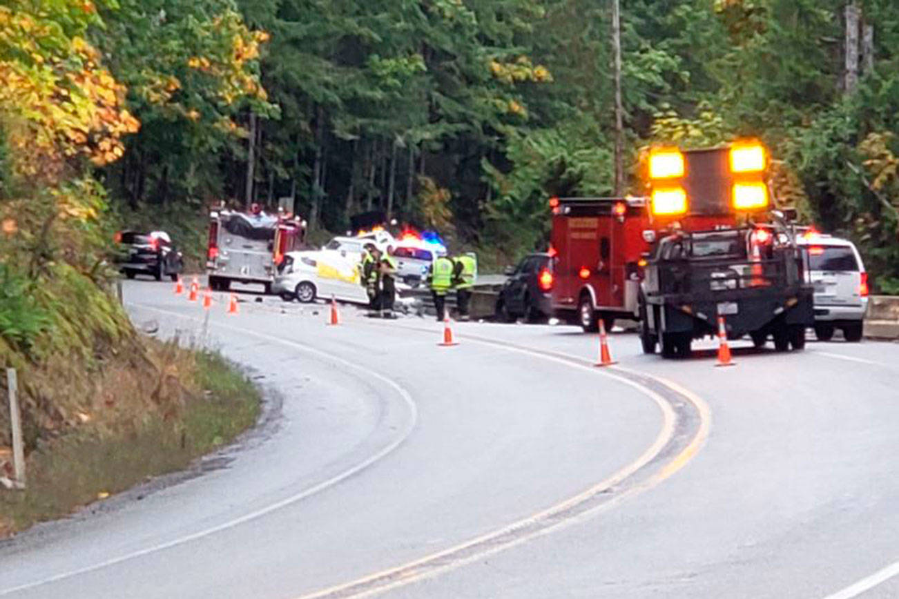 Emergency workers at the scene of a fatal wreck on U.S. Highway 101 near Brinnon on Sunday afternoon. (Washington State Patrol)