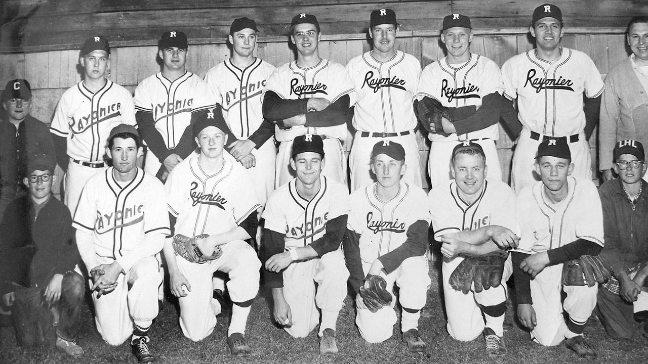 Future Port Angeles Roughrider Hall of Famers Jack Elway, third from left, back row, and Bob Klock, fourth from left, back row, on the baseball team at Hoquiam High School in the 1940s.