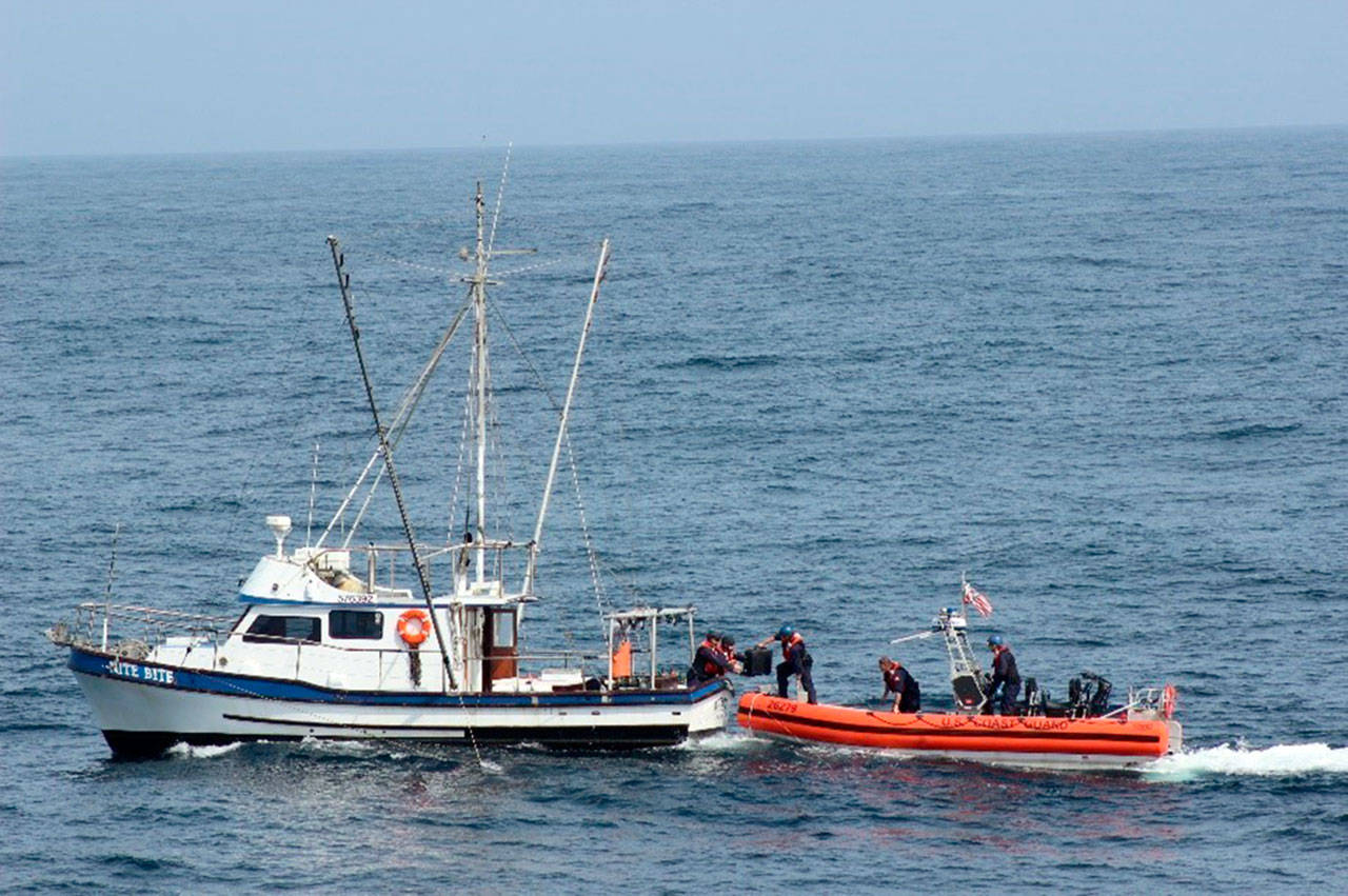 <strong>Ens. Skye-Marie Jensen</strong>/U.S. Coast Guard                                Coast Guard Cutter Active crew members conduct a law enforcement boarding of a fishing vessel near Heceta Bank off the coast of Oregon on their transit south, Aug. 26.