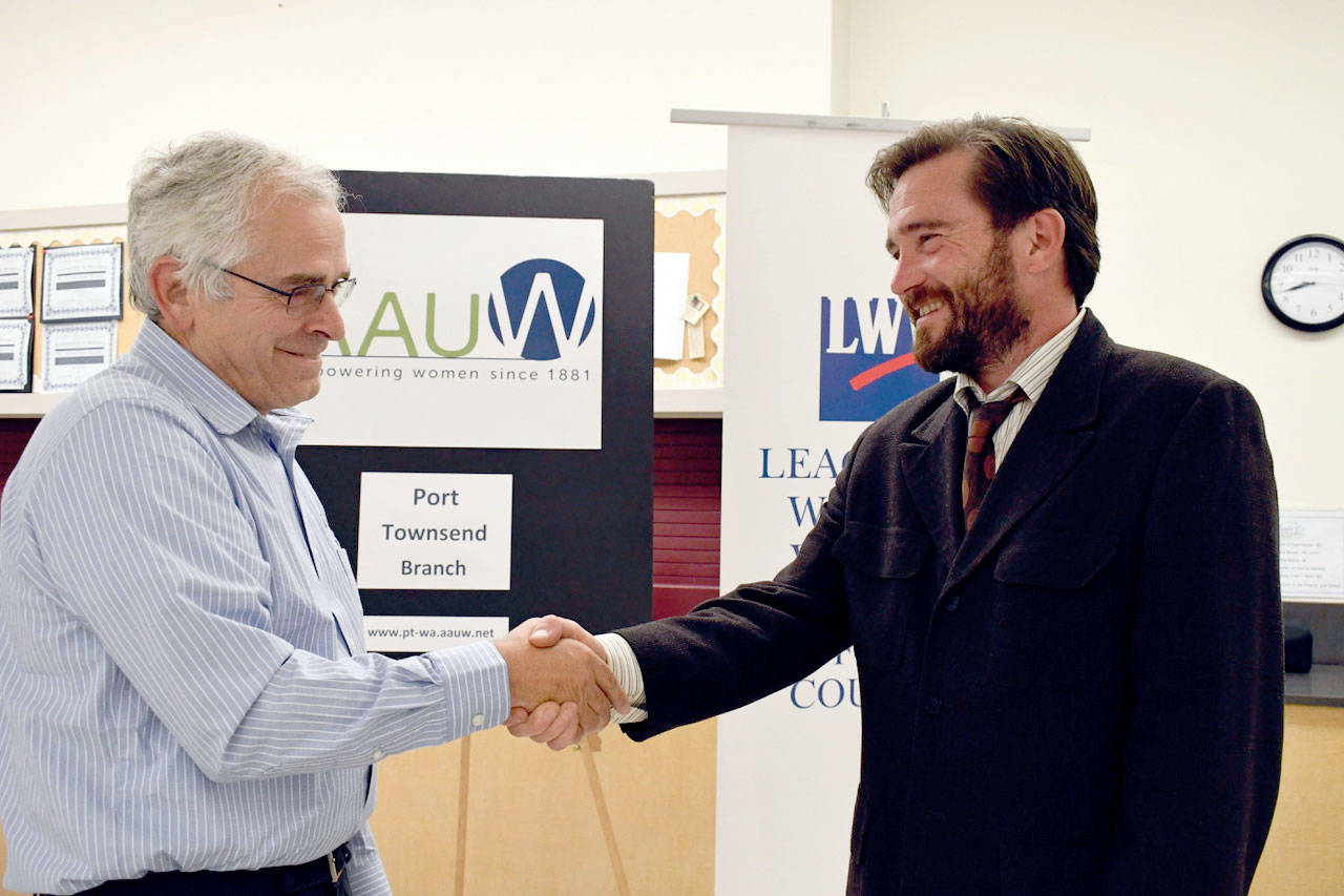 Candidates Jon Cooke, left, and Greg Brotherton discussed their positions for the Jefferson County commissioner Position 3 race during a forum Wednesday night in Port Townsend. Ballots for the Nov. 6 election were mailed out this week. (Jeannie McMacken/Peninsula Daily News)