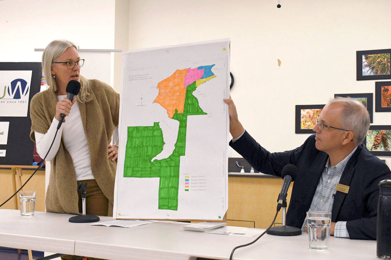 Port Townsend School Board member Jennifer James-Wilson explains the current five voting districts that make up representation on the board. Superintendent John Polm and James-Wilson explained Proposition 1 at the League of Women Voters/AAUW forum last Wednesday night. If passed, the district would be redrawn to 3 districts, with 2 at-large members. Districts are equally drawn by population. (Jeannie McMacken/Peninsula Daily News)