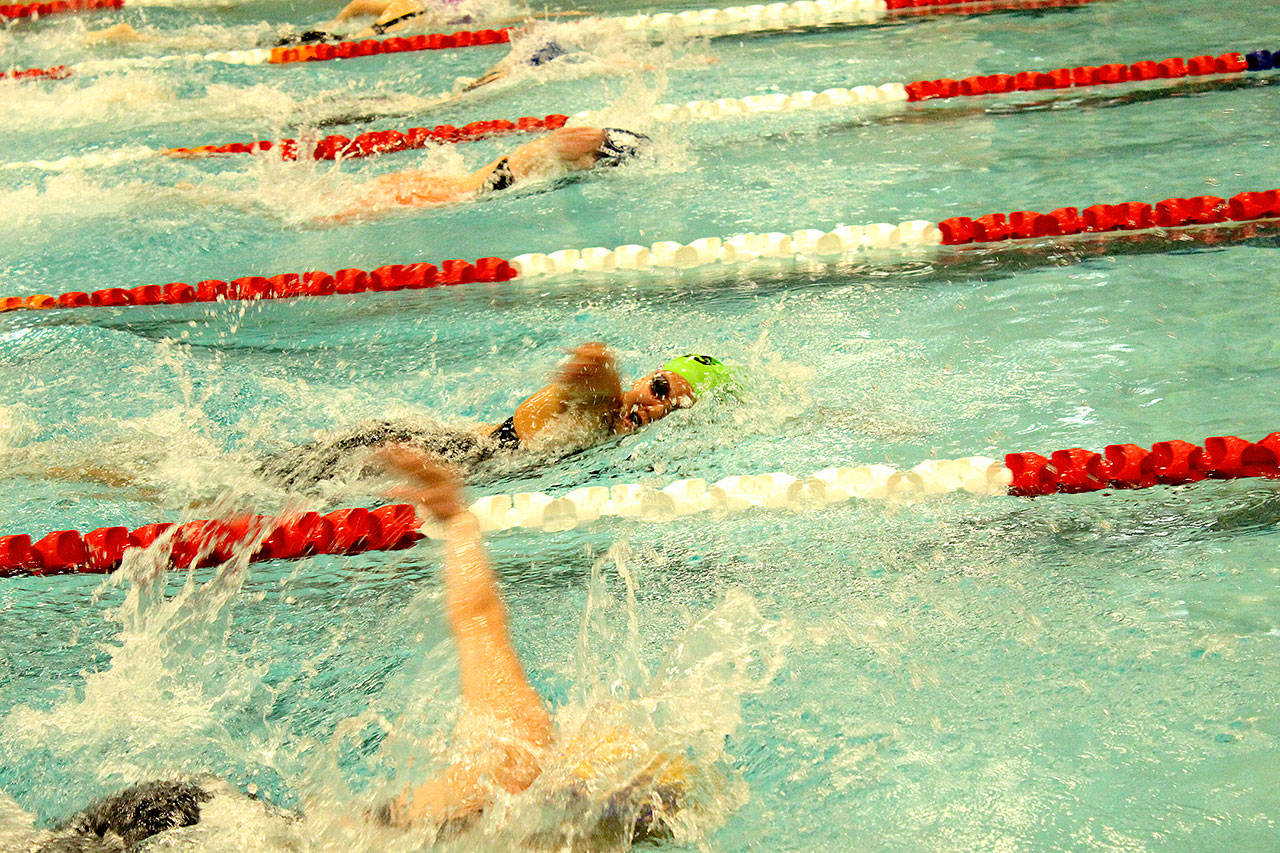 Felicia Che swimming her leg of the 4x100 relay that placed second at the district meet Saturday in Bremerton. Other relay members were Nadia Cole, Maggie Martin and Kiara Schmitt. (Patti Reifenstahl)