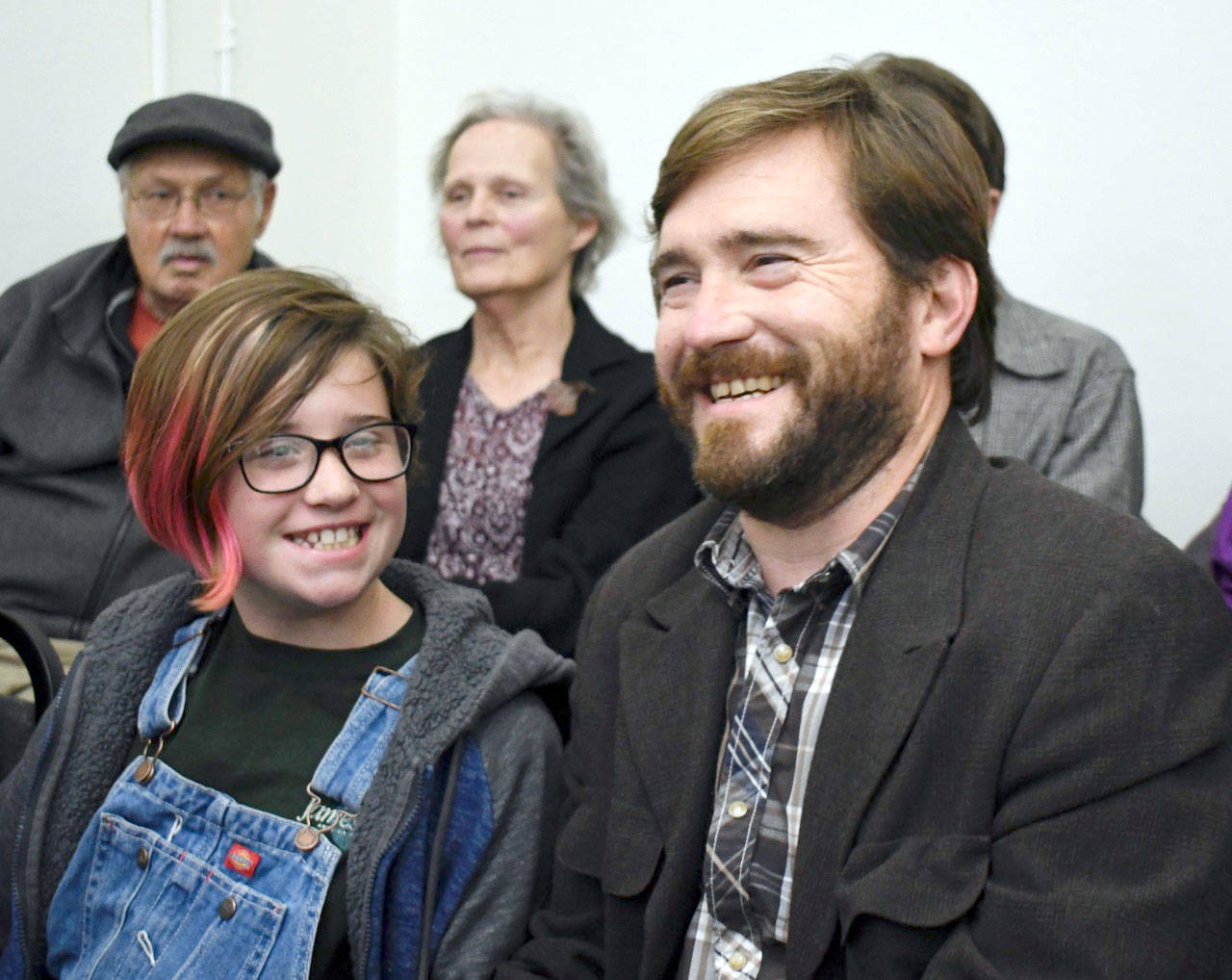 Greg Brotherton reacts to the announcement of his win for the Jefferson County commissioner District 3 seat over challenger Jon Cooke. The announcement was made by Auditor Rose Ann Carroll at the Jefferson County Courthouse on Tuesday night. (Jeannie McMacken/Peninsula Daily News)